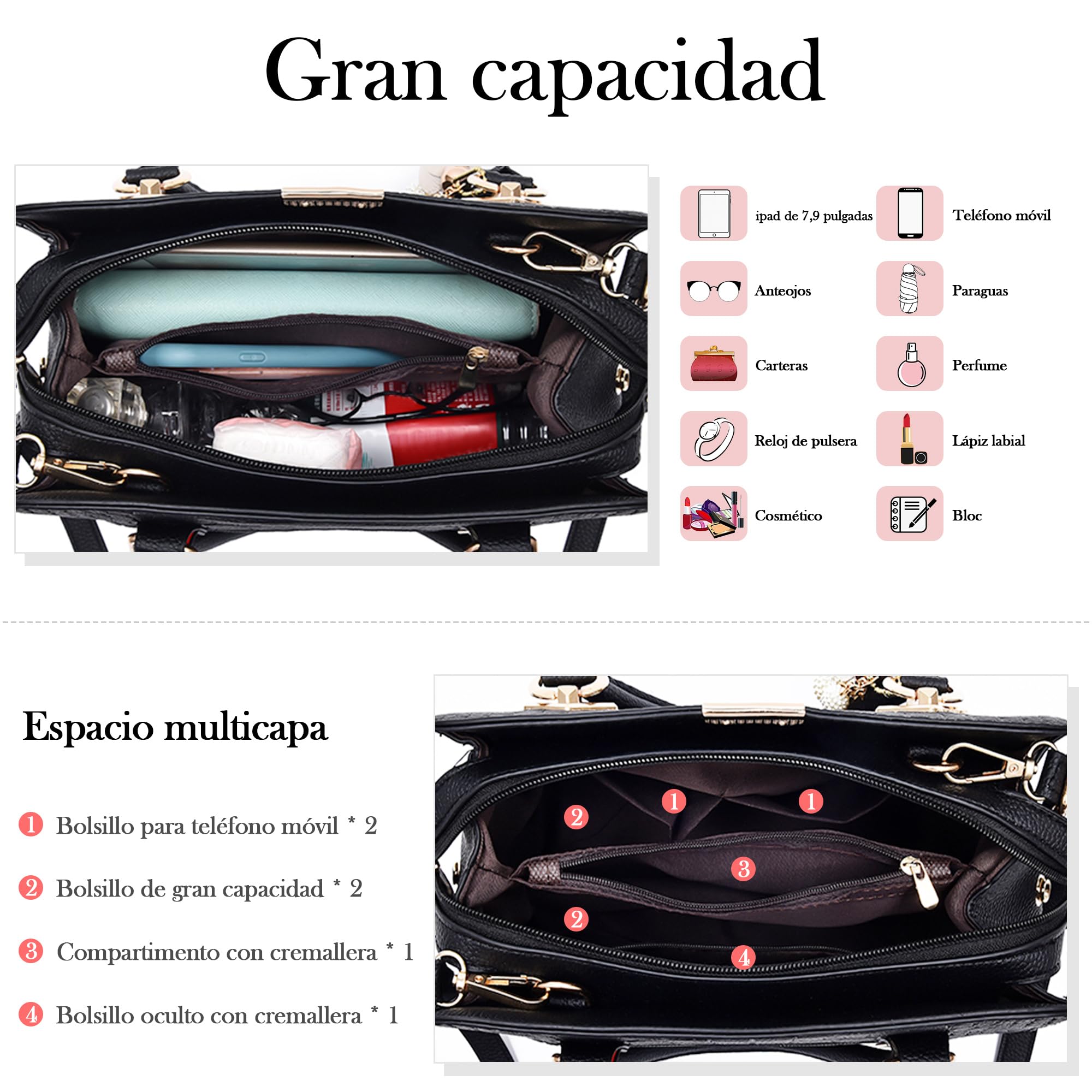 Bolsos para Mujer - Impermeable PU Cuero Múltiples Compartimentos Elegante Colgante Versátil para Trabajo Viajes Shopper Casual Diario Oficina Gris Elefante
