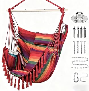 Goutime Hängesessel mit Querstab, 2 Kissen & Nackenkissen, Hängeschaukel mit Montageset, Boho Stil Hängemattenstuhl für Innen & Außen, Belastbar bis 150kg ((Regenbogen)