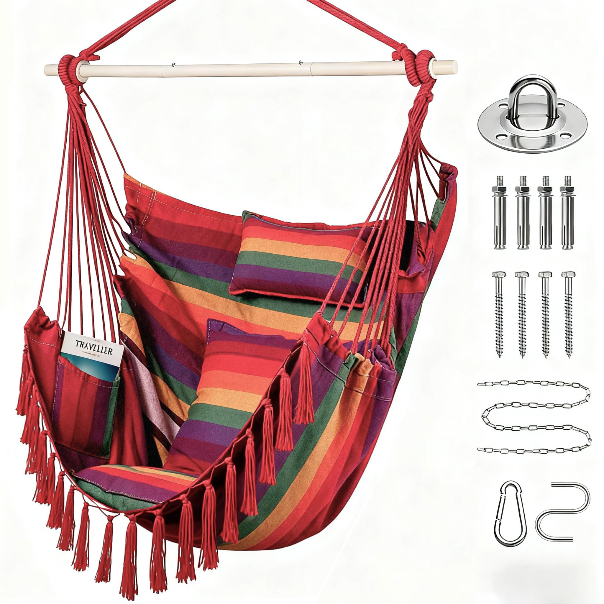 Goutime Silla columpio de tamaño extragrande, con 2 cojines y 1 almohada para el cuello, silla colgante de algodón para dormitorio/patio, silla hamaca con bolsillos laterales y accesorios de hardware