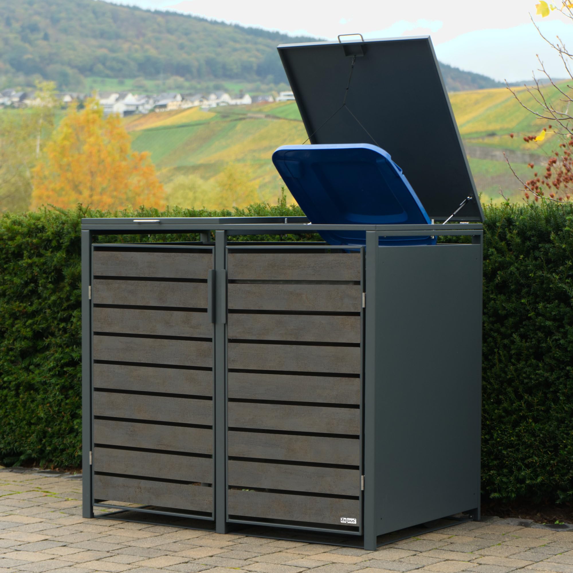 Zelsius Mülltonnenbox 2er Mülltonnen | (B) 132 x (T) 80 x (H) 117 cm | Anthrazit RAL7016 | Tür in dunkelgrauer Holzoptik mit Erweiterungsmöglichkeit | Mülltonnenverkleidung, Garten Müllbox