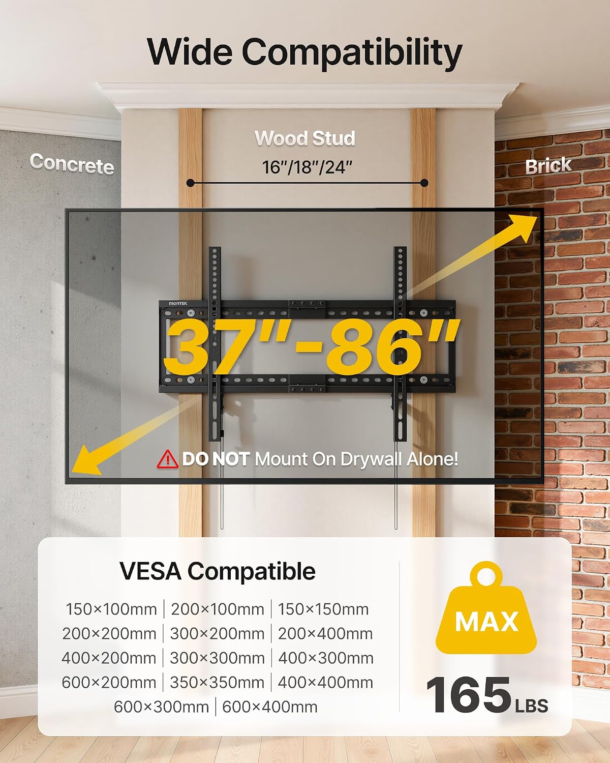 monTEK Fixed TV Wall Mount for 37-86 Inch Flat Curved TVs, Low Profile Flush TV Mount Bracket Max VESA 600x400mm, Heavy Duty Wall Mount TV Bracket Holds up to 165 lbs, Fits 16"/18"/24" Wood Studs