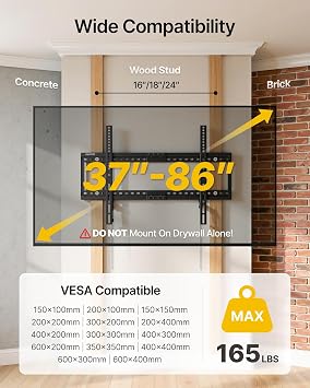 monTEK Fixed Low Profile TV Wall Mount for 37-86 TVs, Max 165lbs | Heavy Duty Flush TV Bracket for Flat Curved Screen, Fits 16/18/24 Studs, VESA 600x400