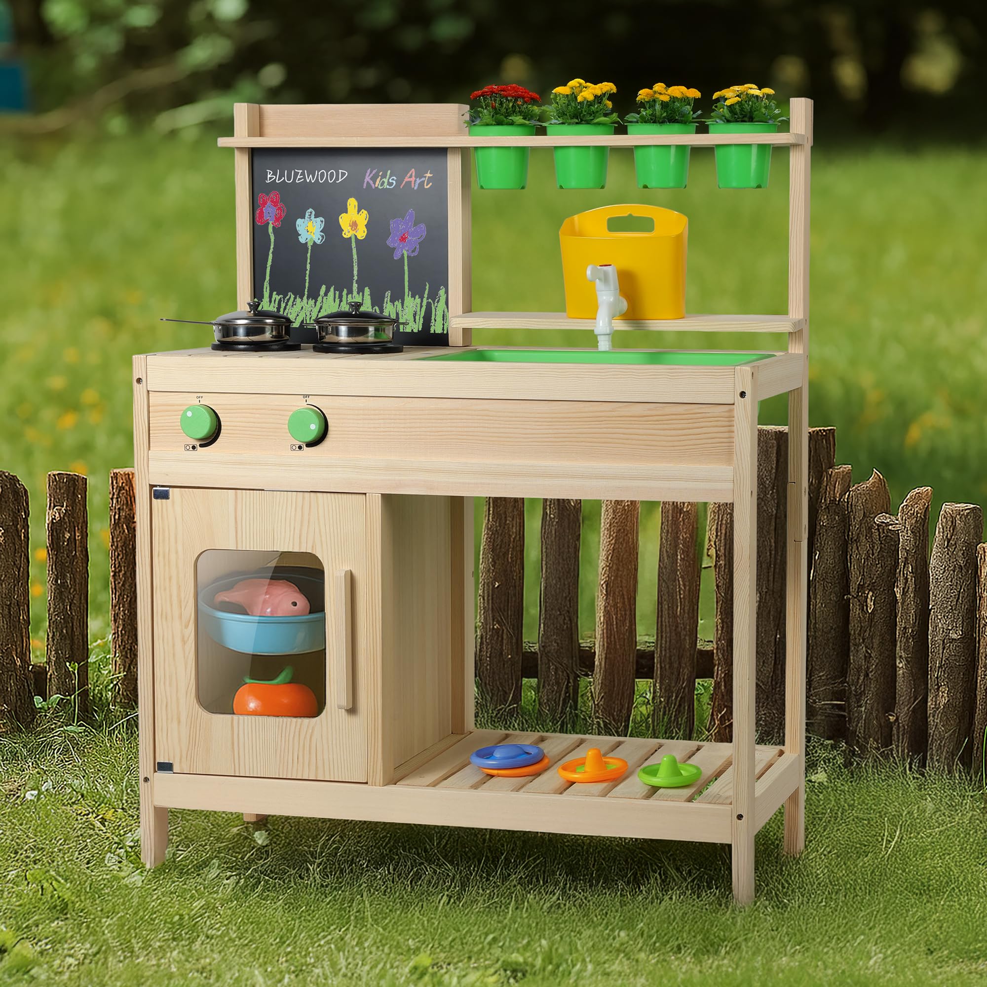 Cucina Giocattolo Montessori in Legno per Bambini | Cucina da Esterno BlueWood | Rubinetto Funzionante, Lavello Grande, Ripiani e Accessori | Gioco Educativo Sensoriale