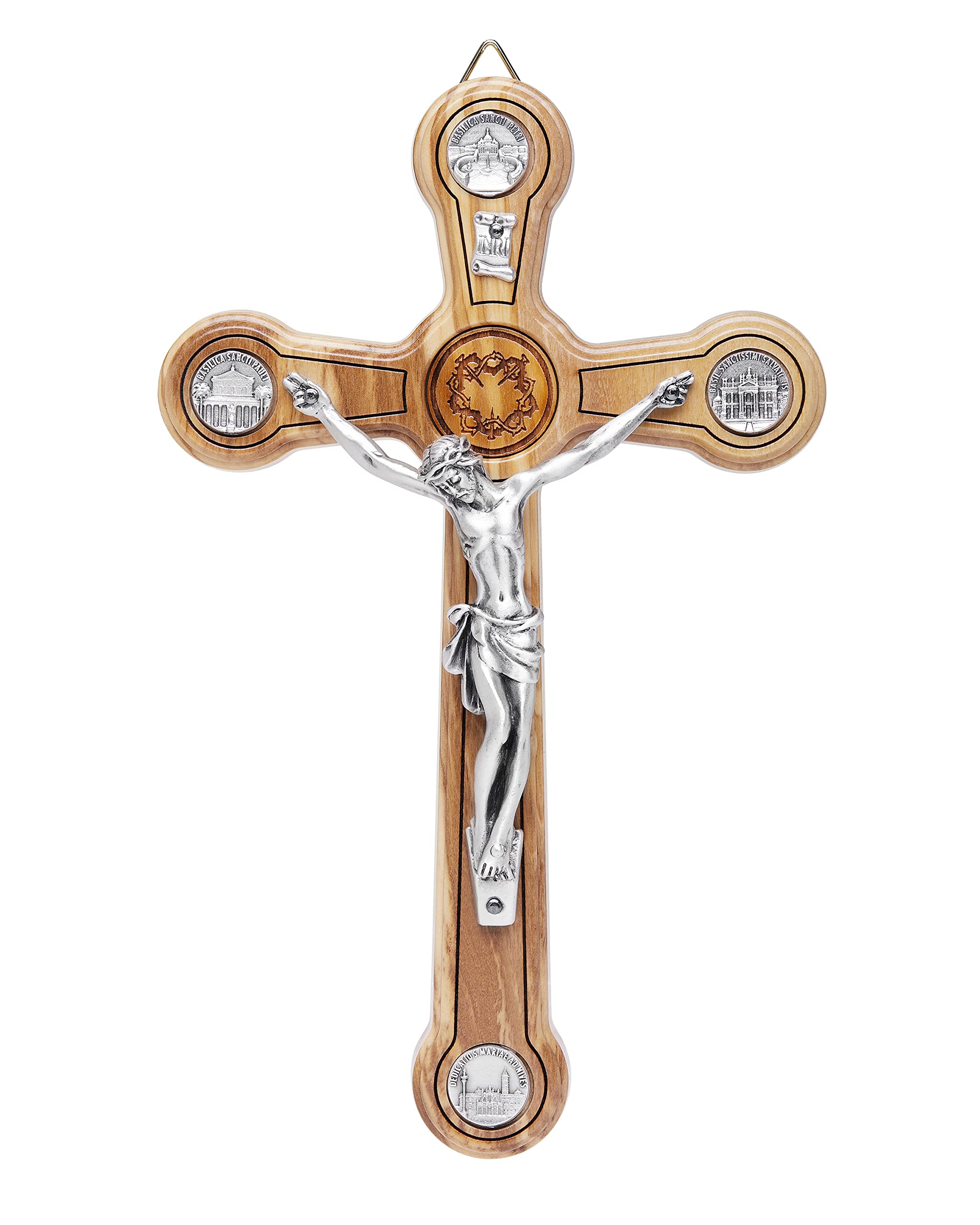 Mondo Cattolico - Crucifix wall cross Catholic Benedict During Pope's Angelus, Olive Wooden Wall crucifix with Jesus Crown of Thorns and the Four Roman Basilicas Medals - Jesus crucifix 7,87