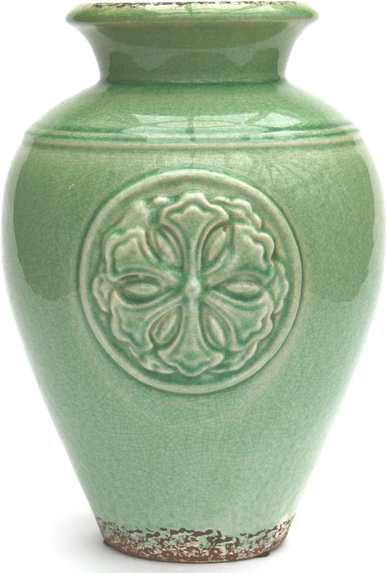 Distressed Spring Green Ceramic Vase with Embossed Motif