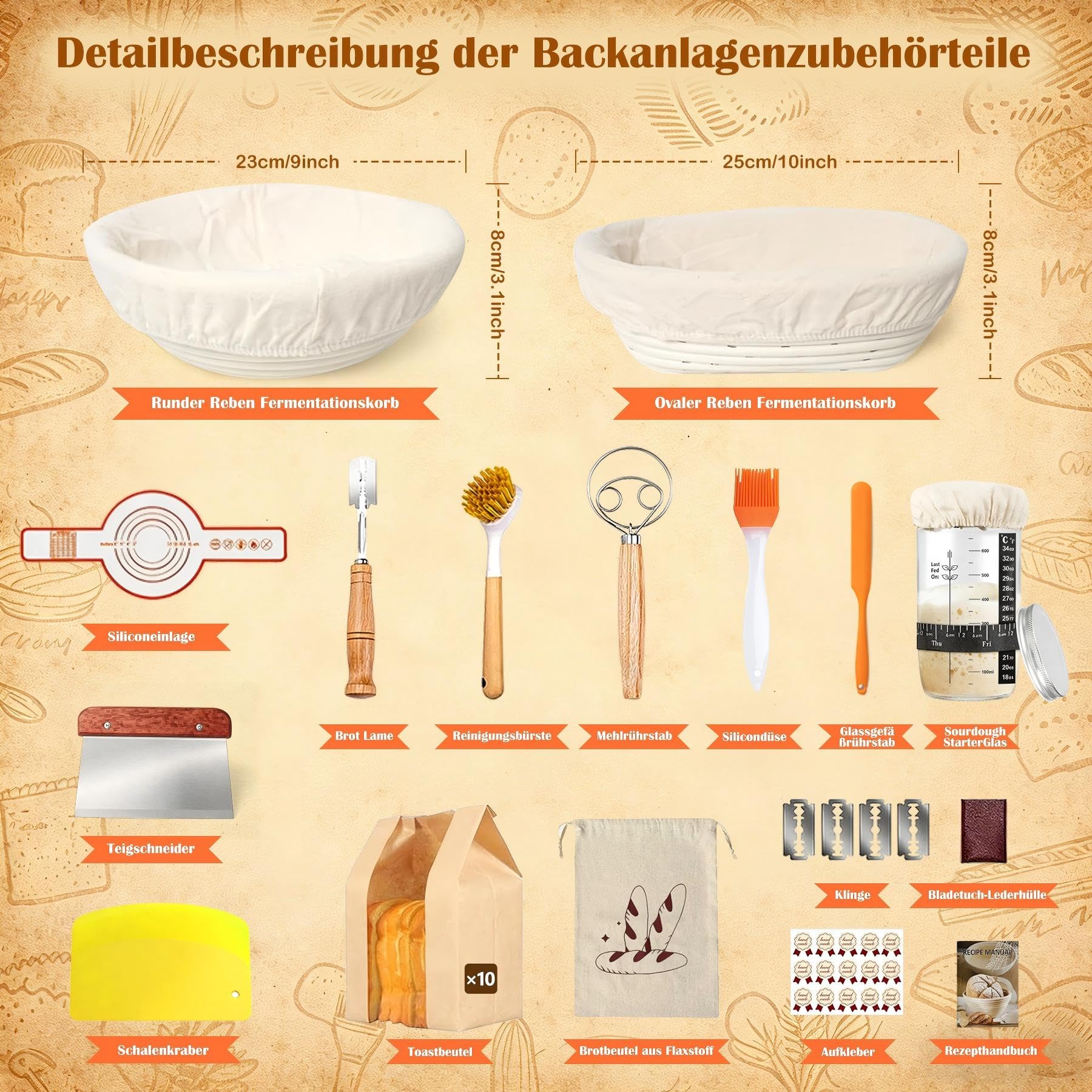 Set di cestini da lievitazione rotondi + ovali in rattan, set di base con sacchetto per baguette e 10 tasche per toast, accessori da forno per pane lievitato, stampo per pane per fermentare pasta di