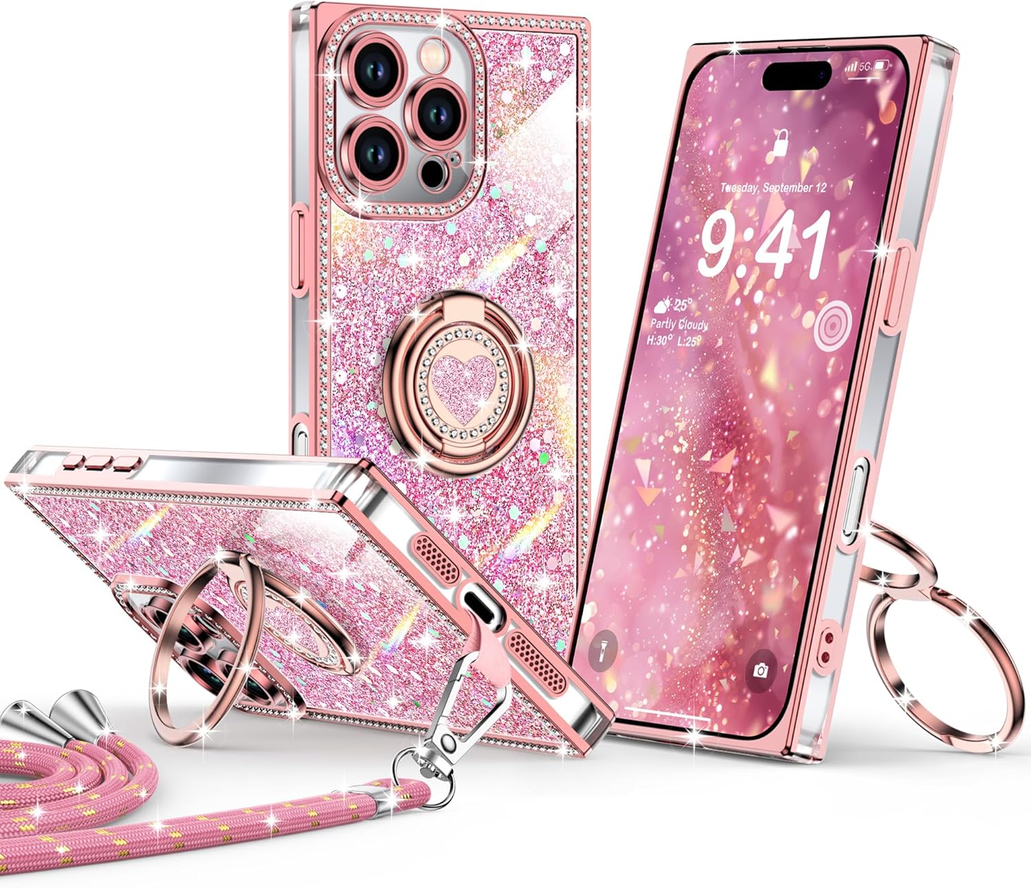 XYZ for iPhone 16 Pro Max Case, Glitter Bling Phone Cover with 2-Ring Heart Stand & Lanyard, Women Girls Luxury Rhinestone Shockproof Protective Case for iPhone 16 Pro Max, Pink