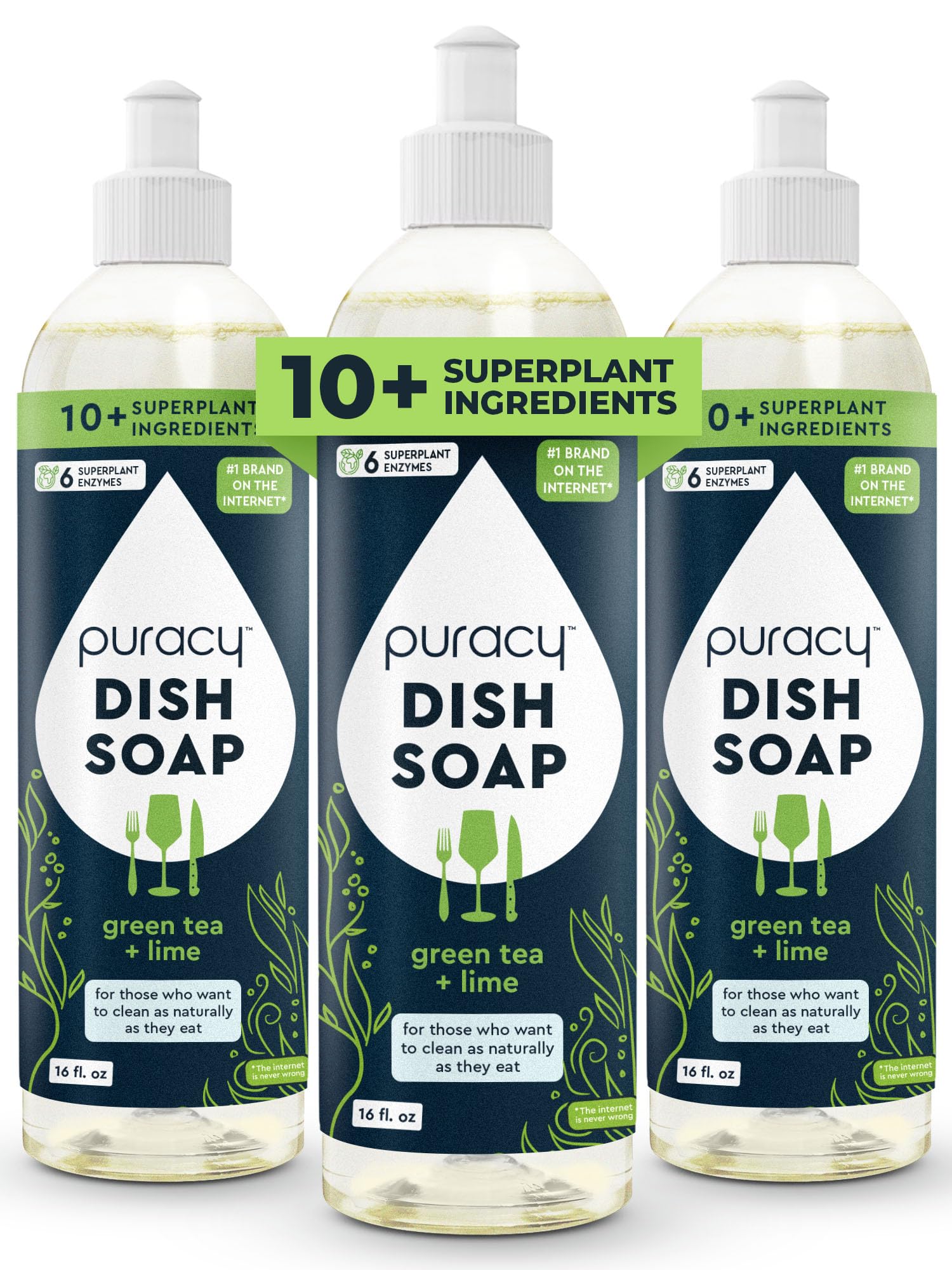 Puracy Natural Dish Soap Packs- Skin-Softening Plant-Based Dishwashing Soap, Non-Toxic Dish Soap, Organic Liquid Dishwashing Detergent Soap (Green Tea & Lime, 16 fl oz, 3 Pack)