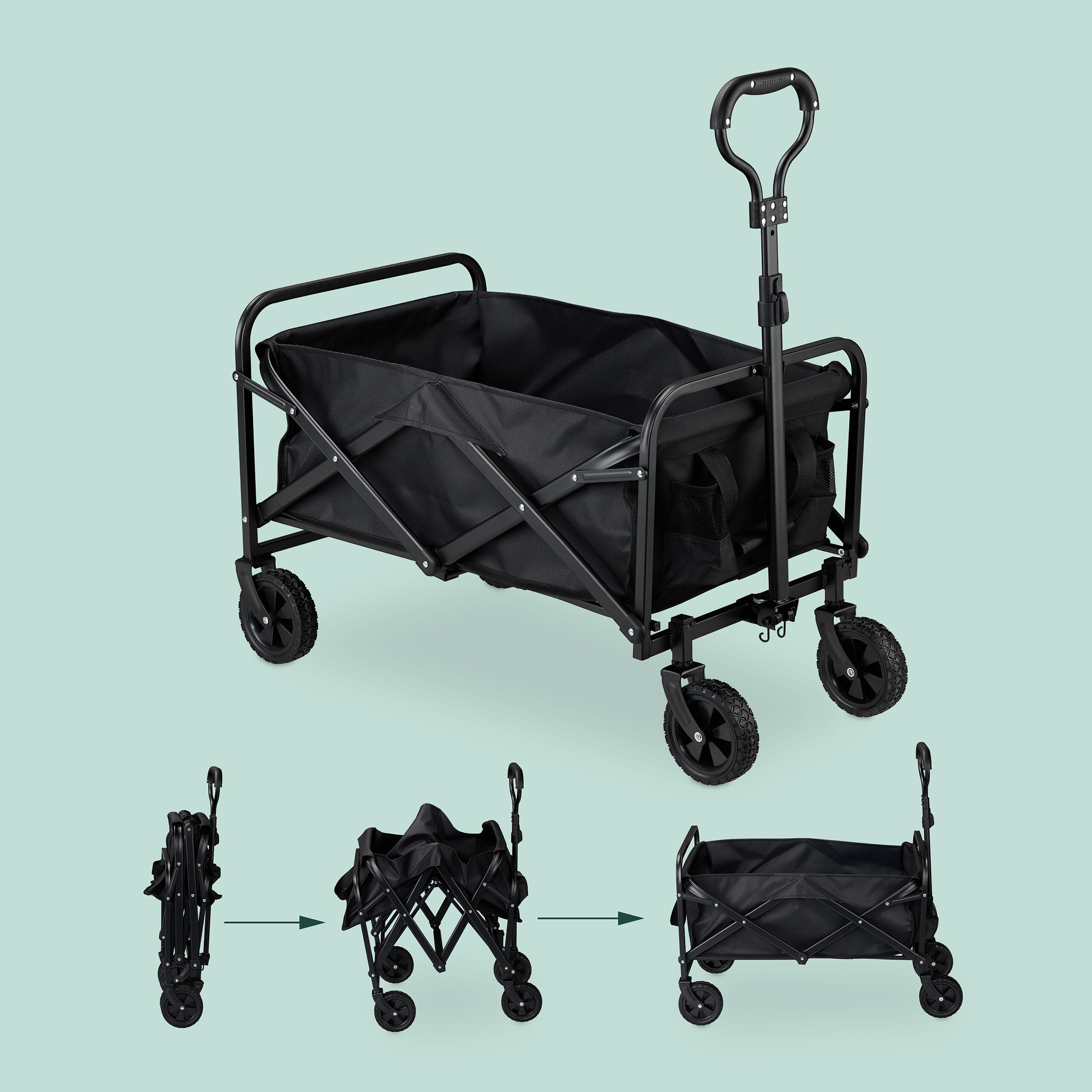 Relaxdays Carretilla Jardín, Plegable, 100 kg, Mango Telescópico, Ruedas Goma, Carro para Comprar, Camping, Playa, Negro