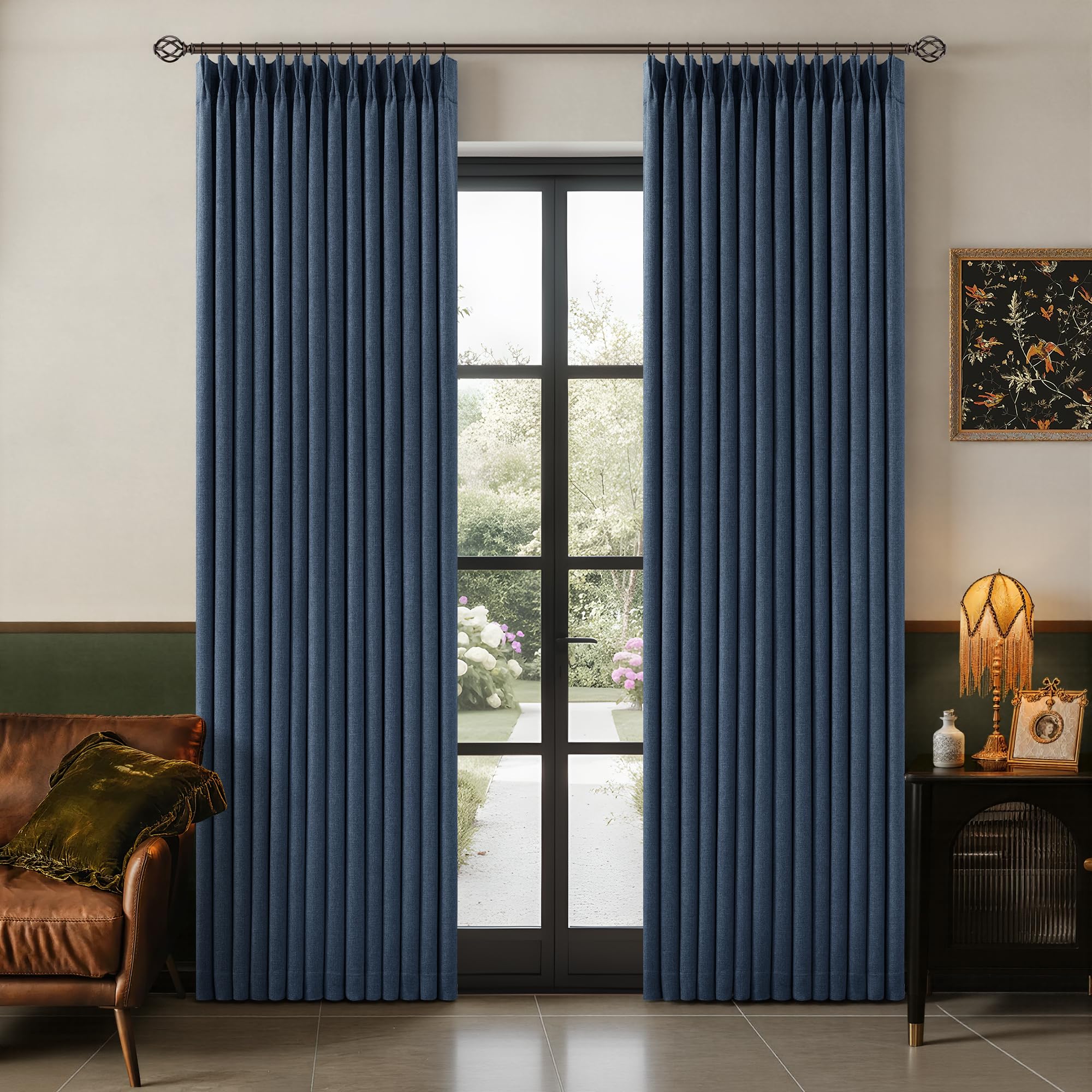 100% Black Out Pinch Pleated Linen Boho Curtains Navy Blue 80 Inch Length