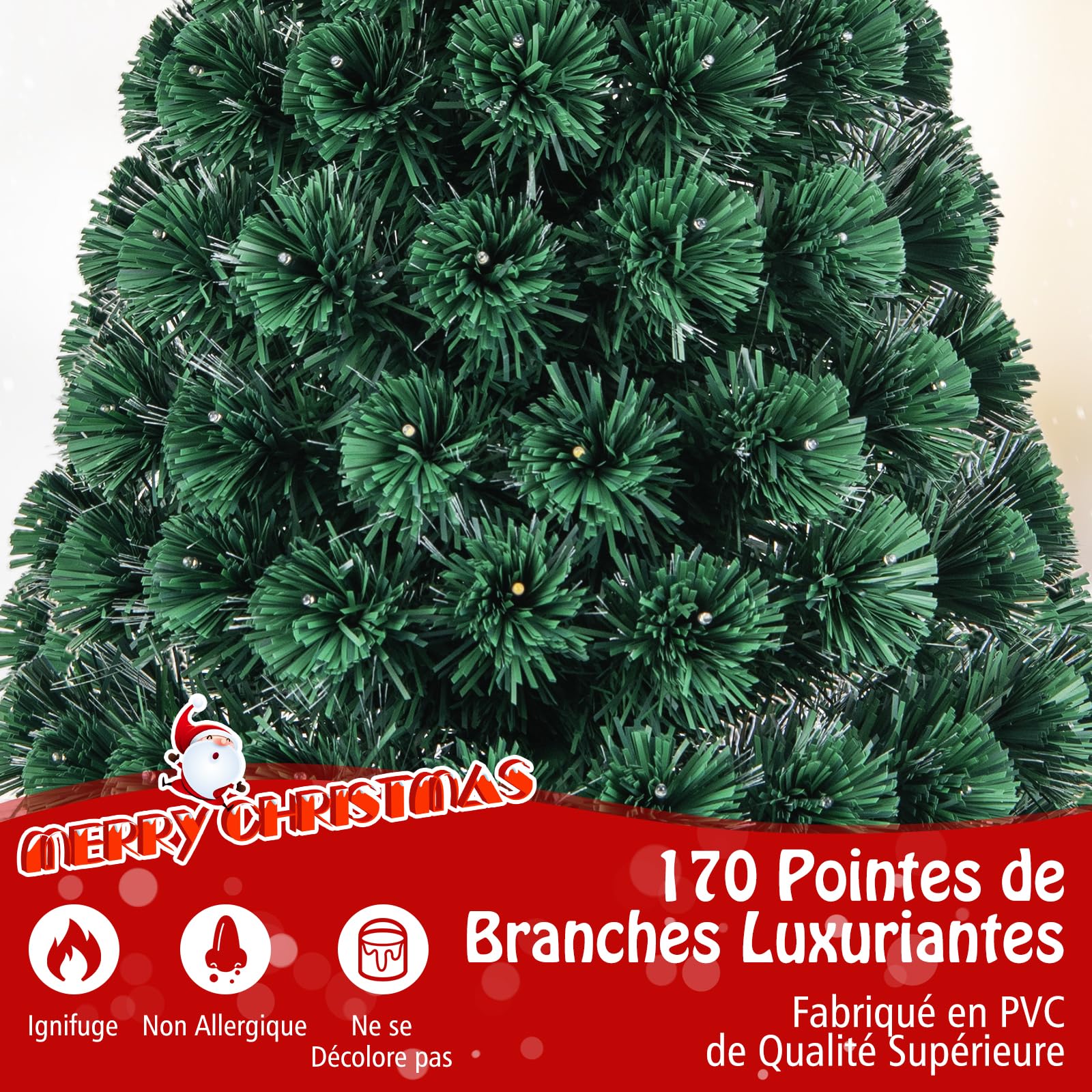COSTWAY Sapin de Noël 150 cm, Arbre Lumineux 170 LED, 8 Modes d'Éclairage, 170 Branches en PVC, Étoile Lumineuse, Fibres Optiques, Décoration pour Maison, Bureau, Magasin