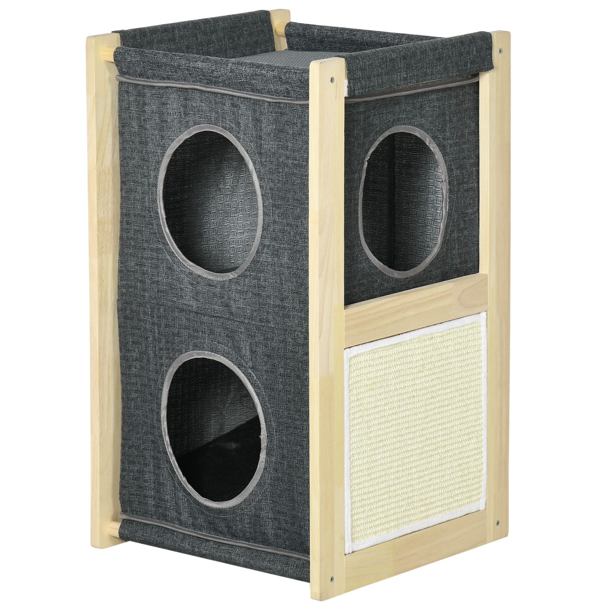Pawhut Cama Cueva para Gatos de Madera Barril Rascador para Gatos Casa para Gatos de Interior con 2 Cojines Extraíbles y Lavables Tablero de Sisal 40x40x70 cm Gris