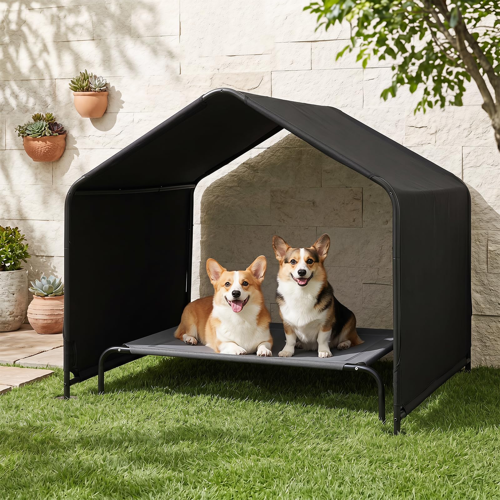 COSTWAY Cuccia per Cani da Esterno in Tessuto Oxford (Nero) | Tenda da Esterno con Tetto Impermeabile per Animali Domestici