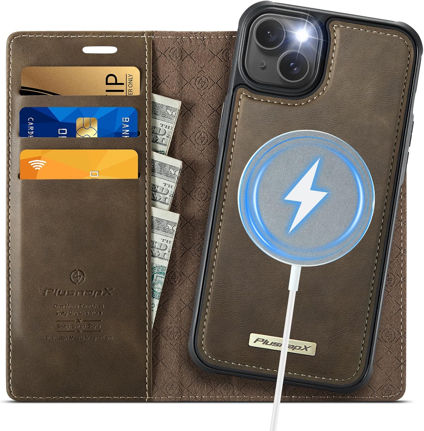 PlusnapX Wallet Case for iPhone 15 Plus Compatible with Magsafe, 2-in-1 PU Leather Flip RFID Blocking Card Holder Stand Shockproof Magnetic Detachable Cover for iPhone 15 Plus Case 6.7", Brown