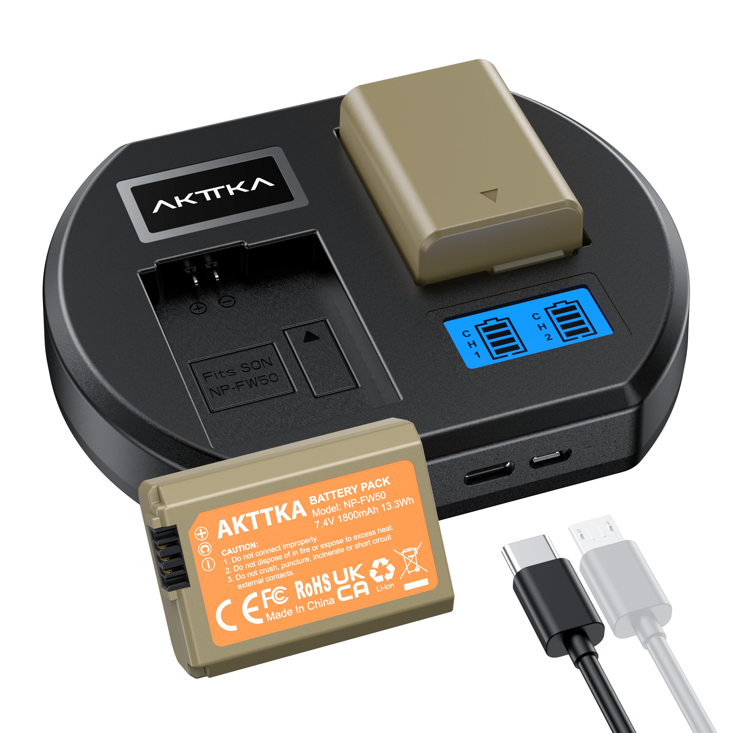Batteries NP-FW50 1800mAh Lot de 2 + Chargeur Rapide 10W USB-C – Compatibles avec Sony Alpha A6000 A6300 A6400 A6500 ZV-E10 A7 II A7R II A7S II RX10 II III IV NEX-5/6/7