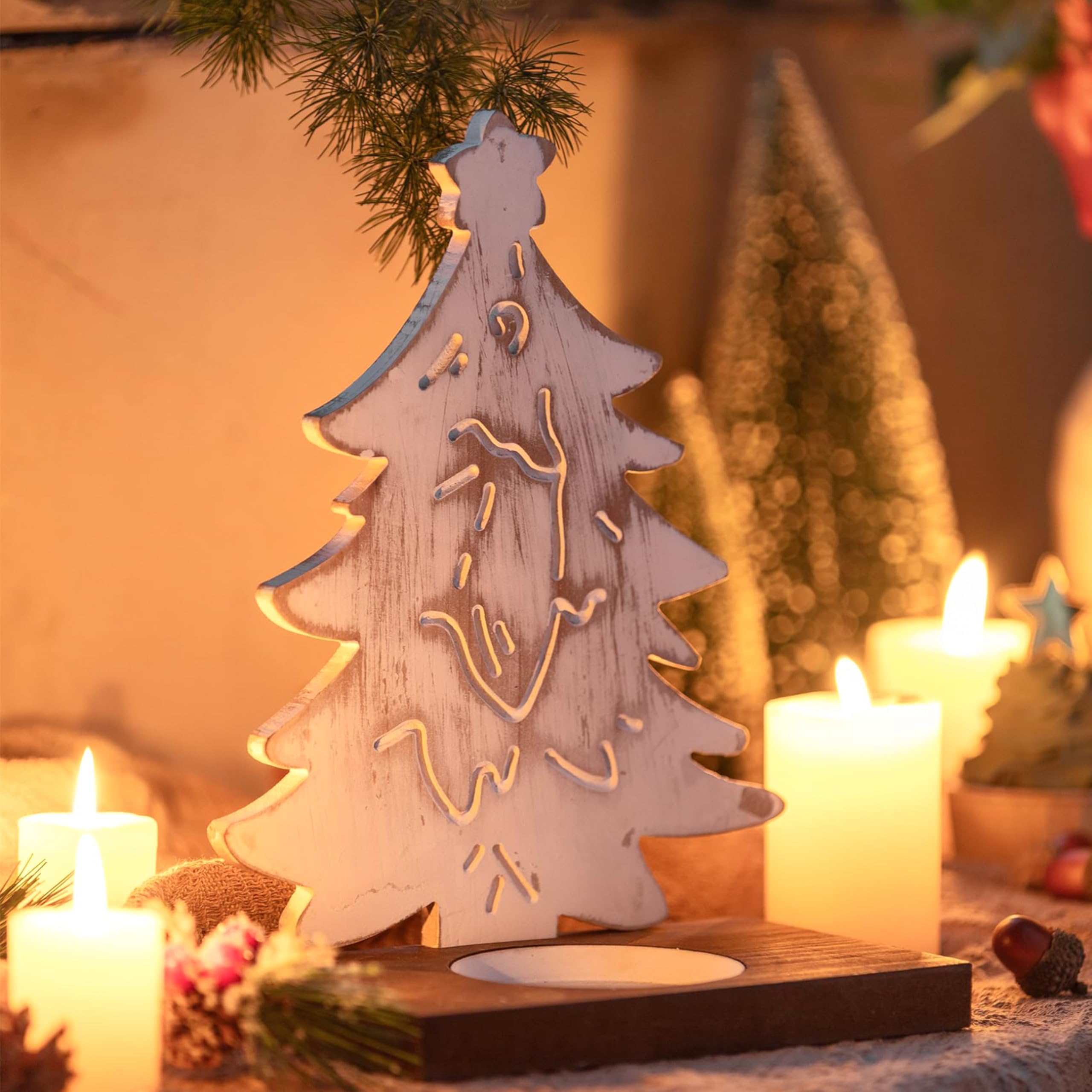 Rustic Candle Holders with Christmas Tree, White Wood Candle Holders for Pillar Candles, Tealight Candles, Votive Candles, Distressed Table Top Christmas Tree for Dining Room Home Bathroom Entryway