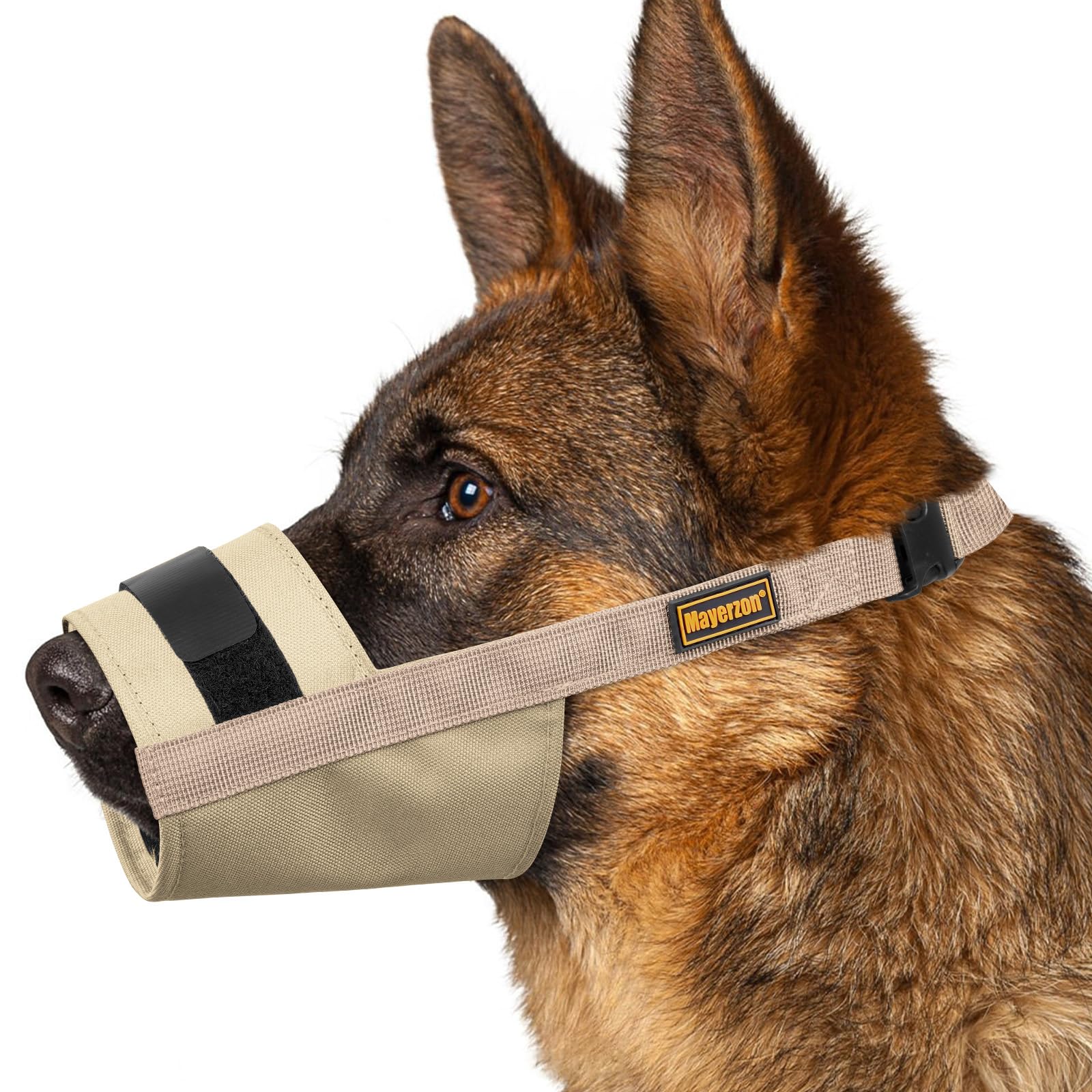 Mayerzon Dog Muzzle for Large Medium Small Dogs, Adjustable Fit, Soft & Sturdy Fabric, Prevents Fierce Barking Biting Chewing, Ideal for Grooming Walking Vet Visits, Allows to Pant Drink (Khaki, L)