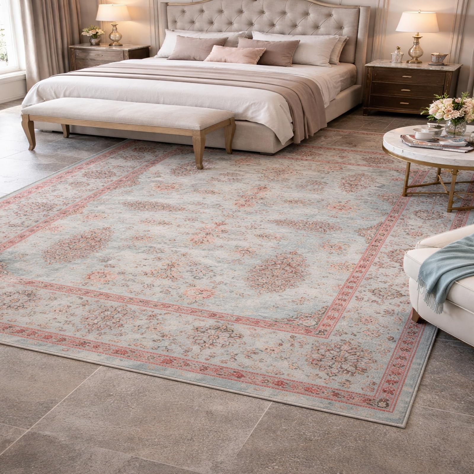 Tapis poils courts 80x120cm vintage bleu et rouge pour salon chic