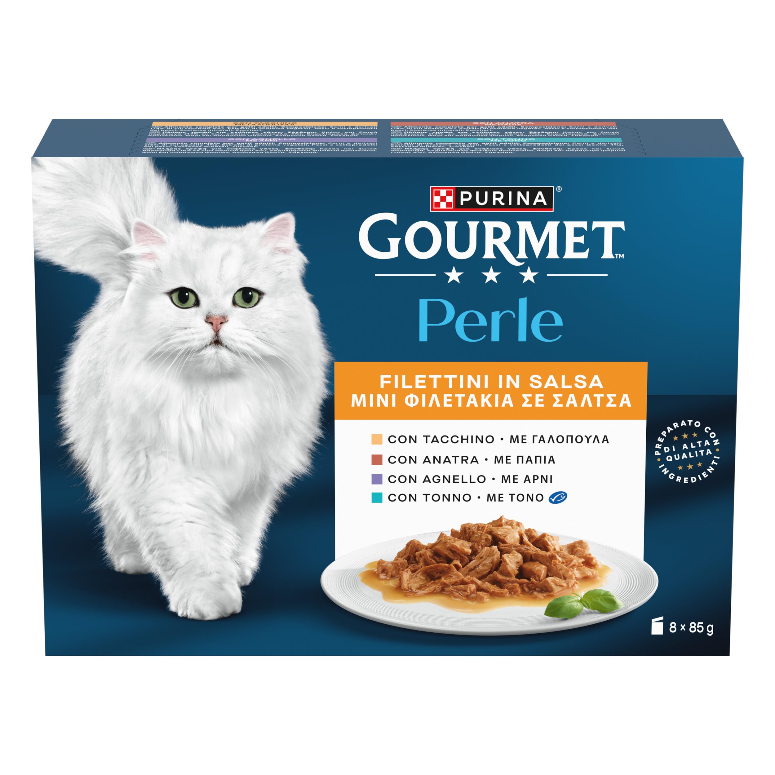 GOURMET Perle Cibo Umido per Gatti Adulti Filettini in Salsa con Tacchino, Tonno, Anatra, Agnello 80 Buste da 85g | Confezione 80x85g | Gusti: Tacchino, Agnello, Tonno, Anatra