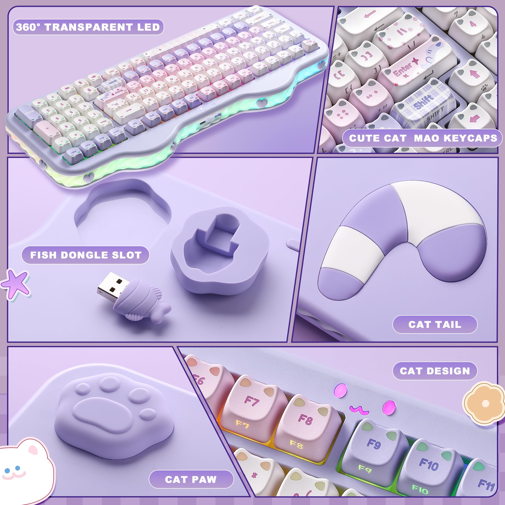 YUNZII C98 Teclado Mecánico Inalámbrico con Teclado Numérico, Teclas Mao Transparentes, 98 Teclas BT5.0/2.4G/USB-C, Montaje Gasket, RGB Personalizable, US-QWERTY Layout (Purple, Candy-Linear)