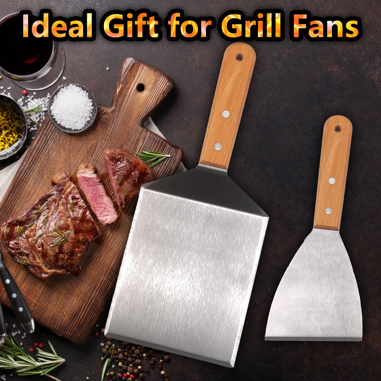 Set de Spatules pour Barbecue en Acier Inoxydable et Bois, Spatules Barbecue avec Crochets, Grande Spatule pour Smash Burger, et Presse à Burger, Idéal pour Plancha et Teppanyaki