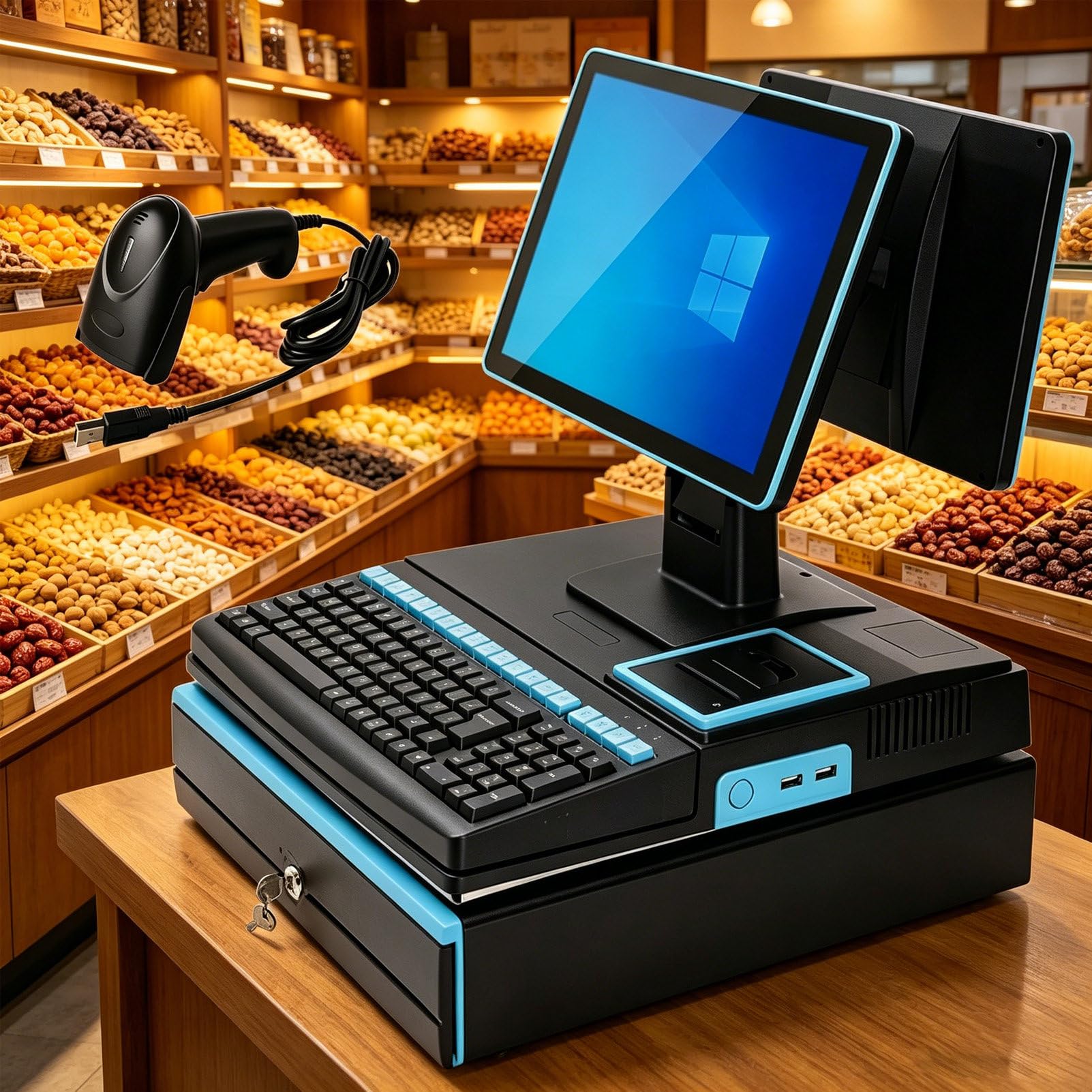 Pvxa Blue Smart Cash Register, All-In-One Cash Register With 15.6" Touch Screen Monitor, With Cpu I3, 4 Gb Ram, 64 Gb Ssd, Windows 10, For Retail And Restaurant Dualscreen