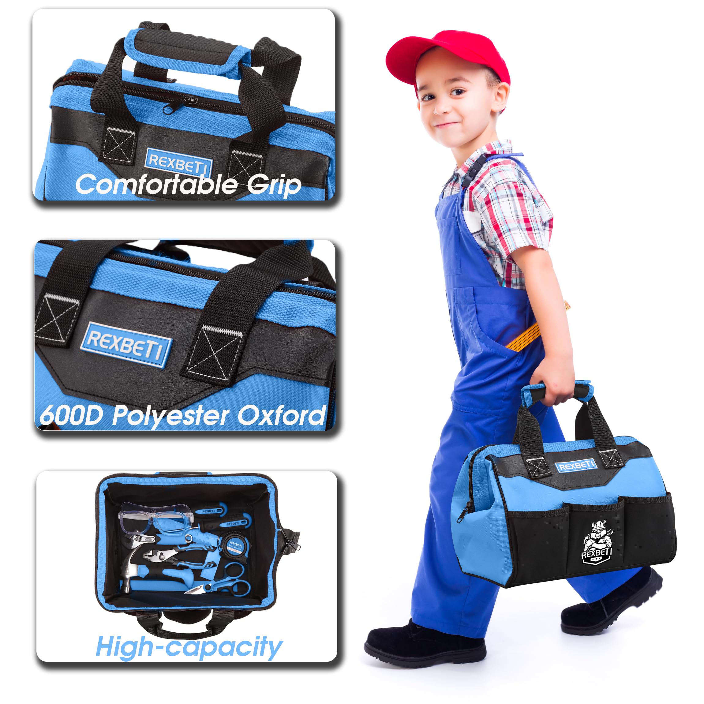 Juego de herramientas para niños de 10 piezas con herramientas de mano reales, bolsa de almacenamiento duradera azul, kit de herramientas de aprendizaje para niños para bricolaje en casa y 5