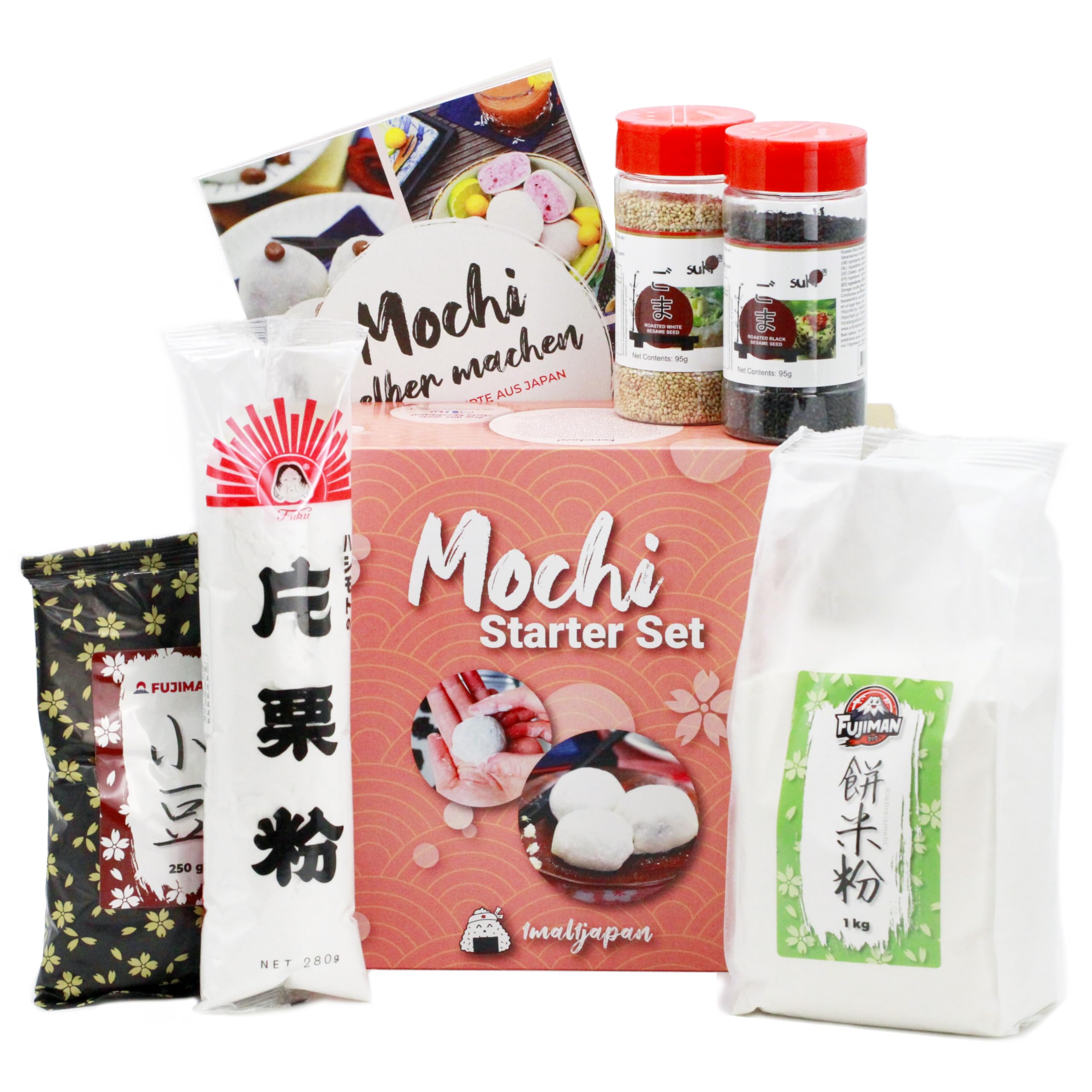 Mochi Kochset für japanische Reiskuchen – 6-tlg. | 5 leckere Rezepte selber machen: in den Sorten Eis, Schoko, u.v.m., glutenfrei & vegan, Geschenkidee | mit Klebreismehl, Sesam und Adzukibohnen
