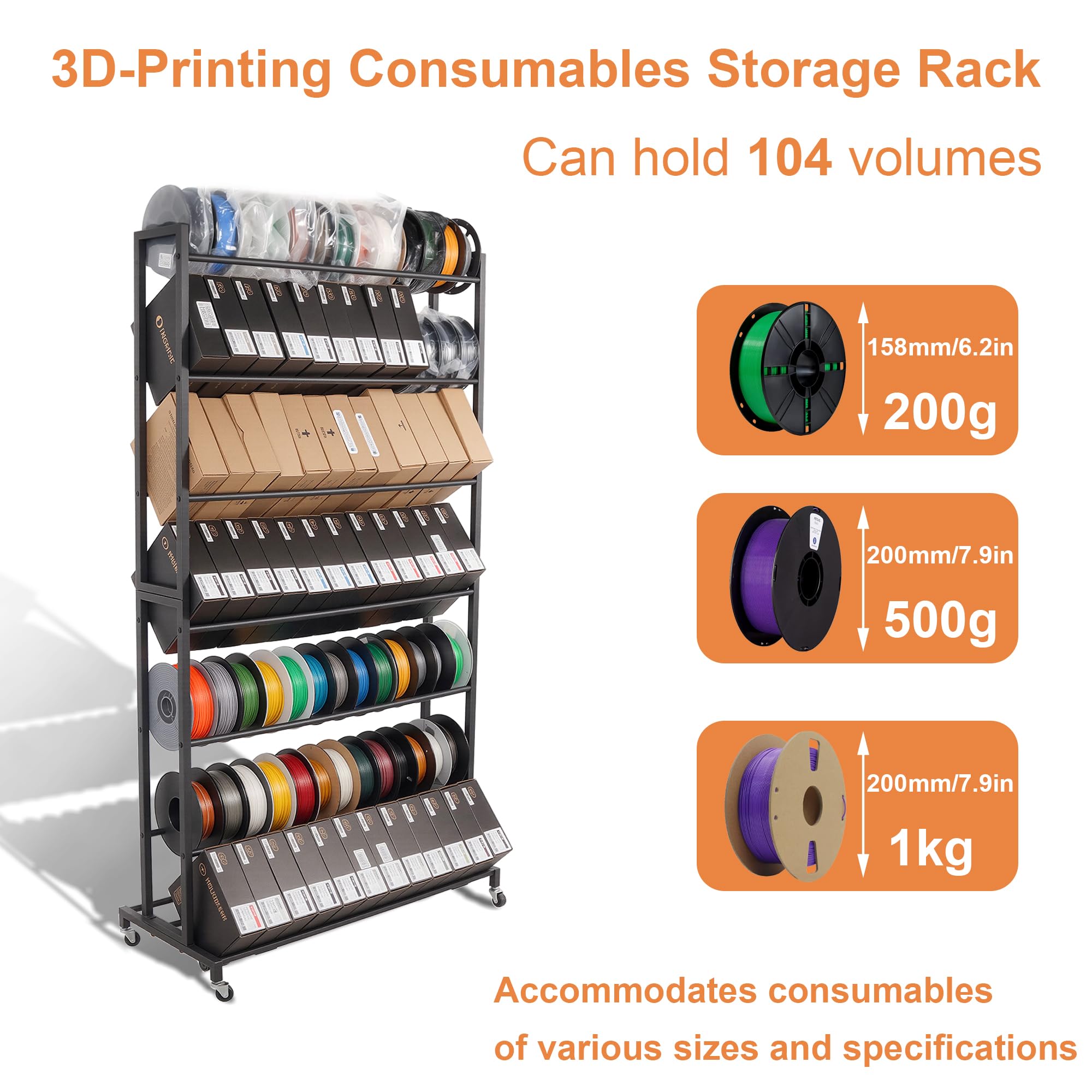 7-lagiges robustes 3D-Drucker Filament-Aufbewahrungsregal, mit abschließbaren Rädern, kann 104 Spulen je 200g/500g/1kg aufnehmen, Organizer für 3D-Druckmaterialien