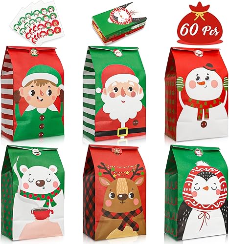 Miniatura 1 de Whaline Paquete de 60 bolsas de regalos de Navidad, diseño navideño, bolsas de regalo de Papá Noel con 60 etiquetas de regalo de Navidad para aulas,