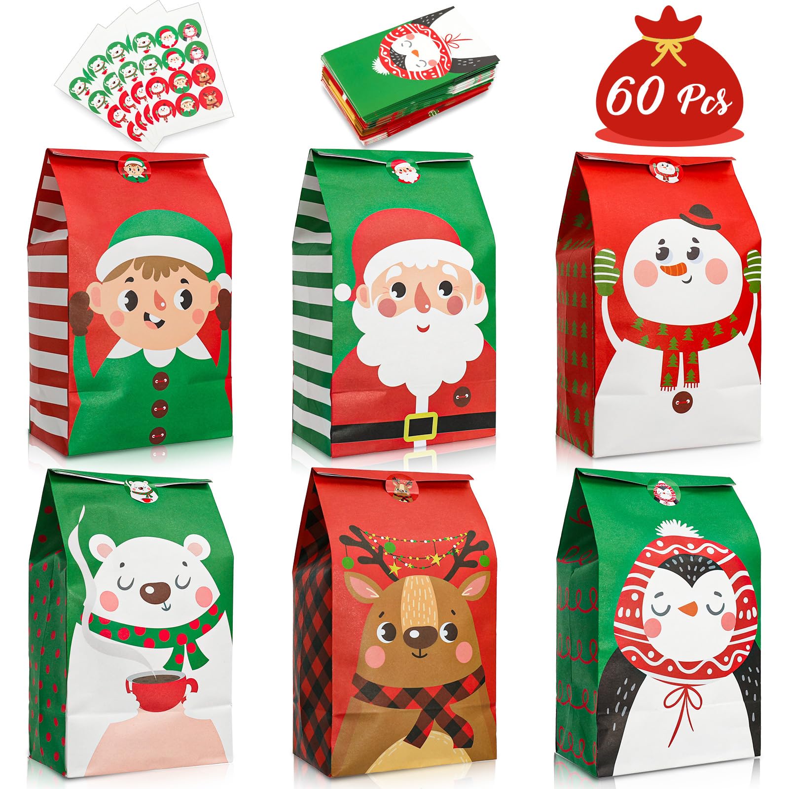 Whaline 60 Pack Christmas Goody Bags Holiday Design Gift Bags Santa Claus Christmas Treat bags with 60pcs Xmas Gift Tag Stickers for Classrooms, Party Favors and Birthdays