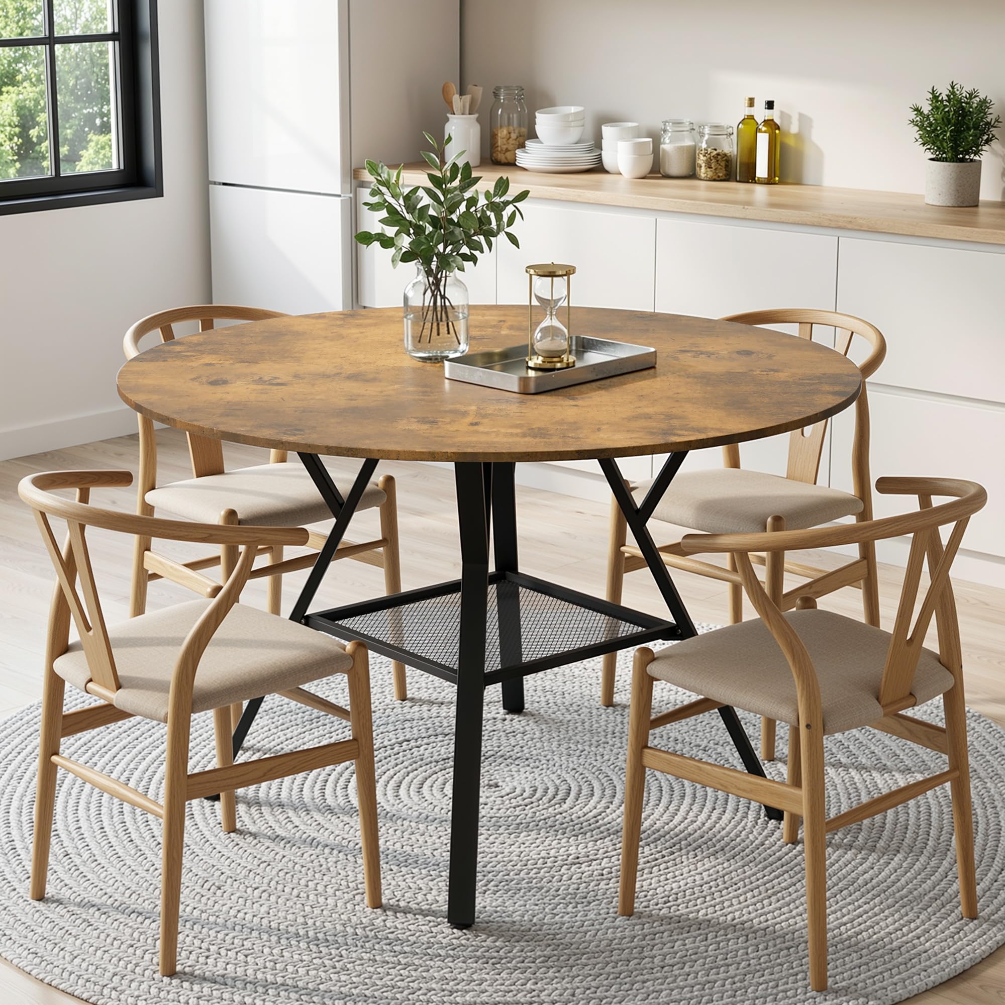 Runder Esstisch 120 cm, Esszimmertisch Holz für 4–6 Personen, mit Ablage und stabilem Metallgestell, platzsparender Küchentisch im Industrial Design für Esszimmer Küche Wohnzimmer, Retro