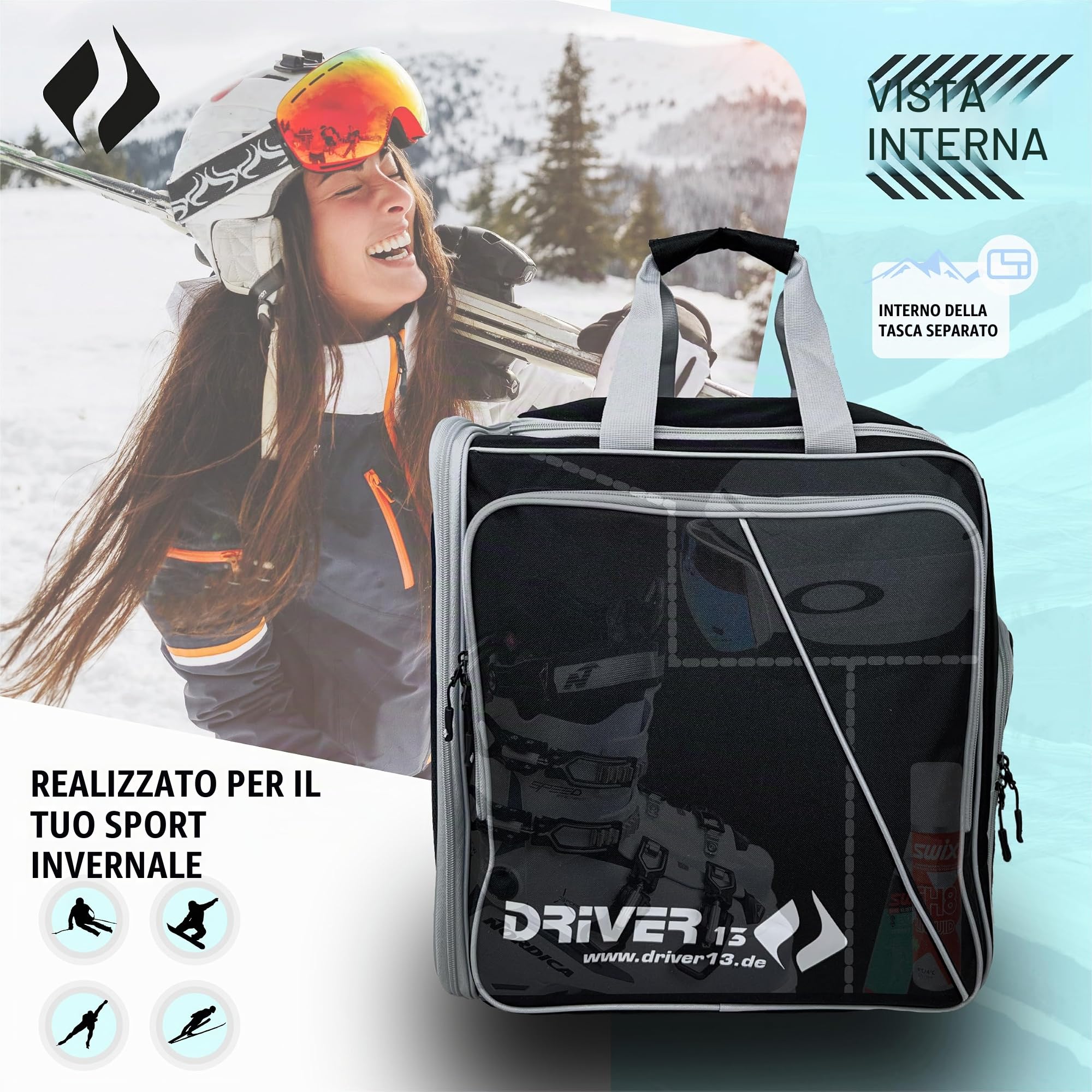 Driver13 zaino porta scarponi da sci con scomparto casco, bootbag per scarponi da sci e boots snowboard, dimensioni 40 x 28 x 44 cm, nero/grigio
