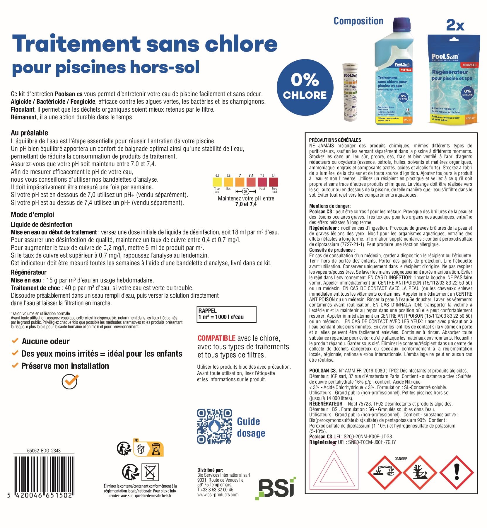 BSI - PooLSan - Spécial Piscine Hors-Sol - Solution sans Chlore - pour Une Désinfection Totale - Jusqu'à 6 Mois - Elaboré en Europe