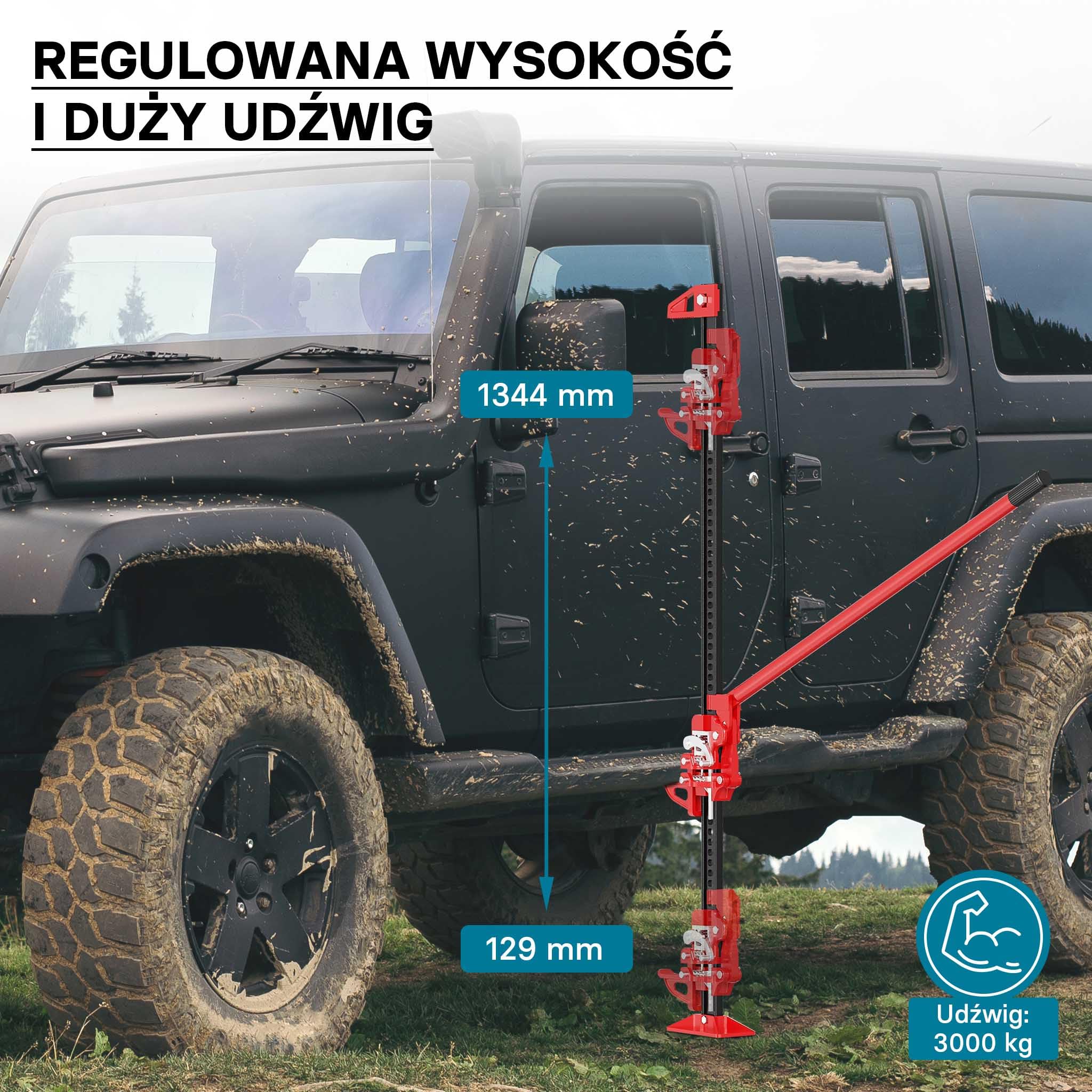Wiltec Podnośnik farmerski 60" 150 cm do 3000 kg udźwigu i maks. 135 cm wysokości podnoszenia, podnośnik terenowy do samochodów