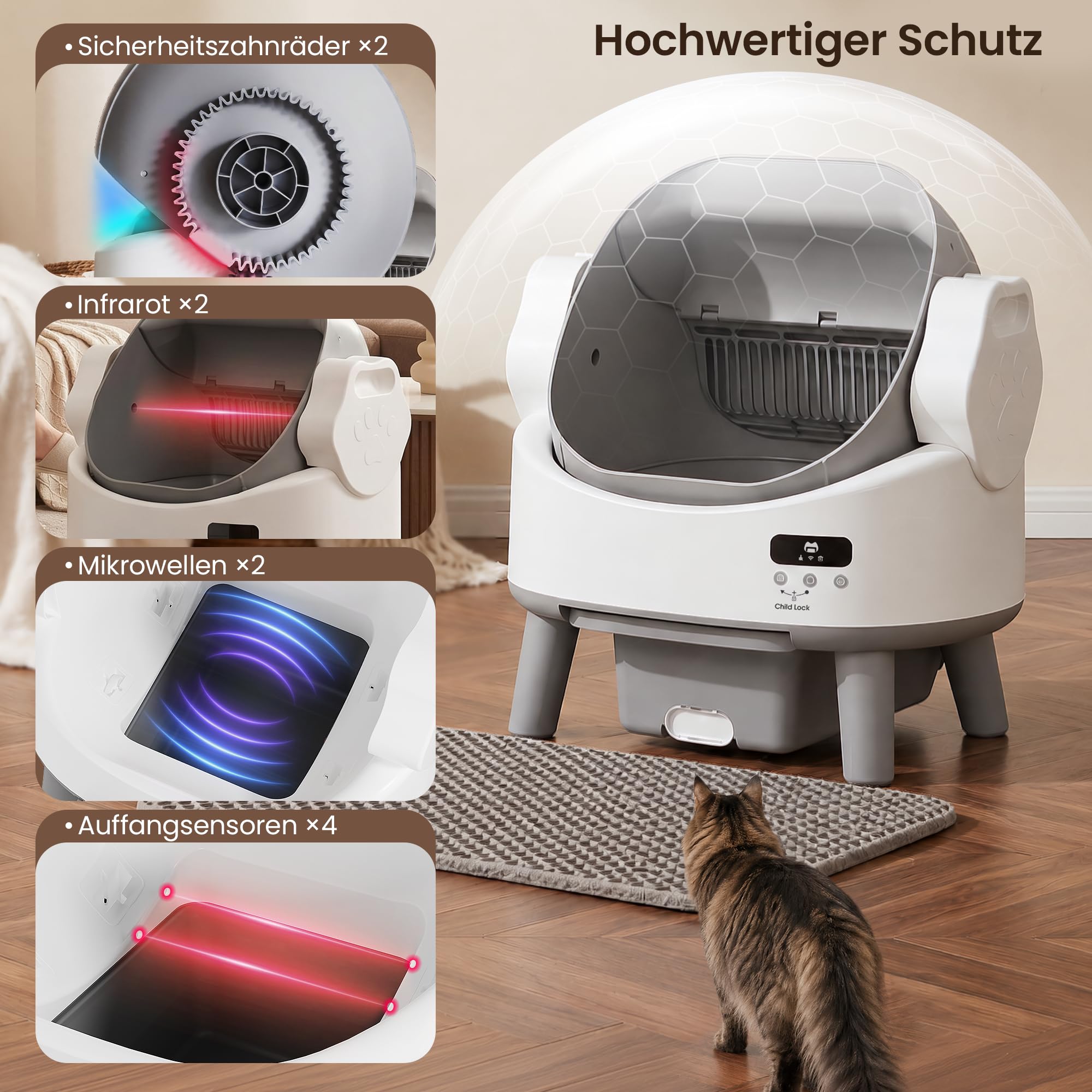 JUMMICO Selbstreinigende Katzentoilette, Automatisches Katzenklo für große Katzen bis 10kg, Elektrisches Katzentoilette mit Sicherheitsschutz & Geruchsbeseitigung,Ideal für Mehrkatzenhaushalte