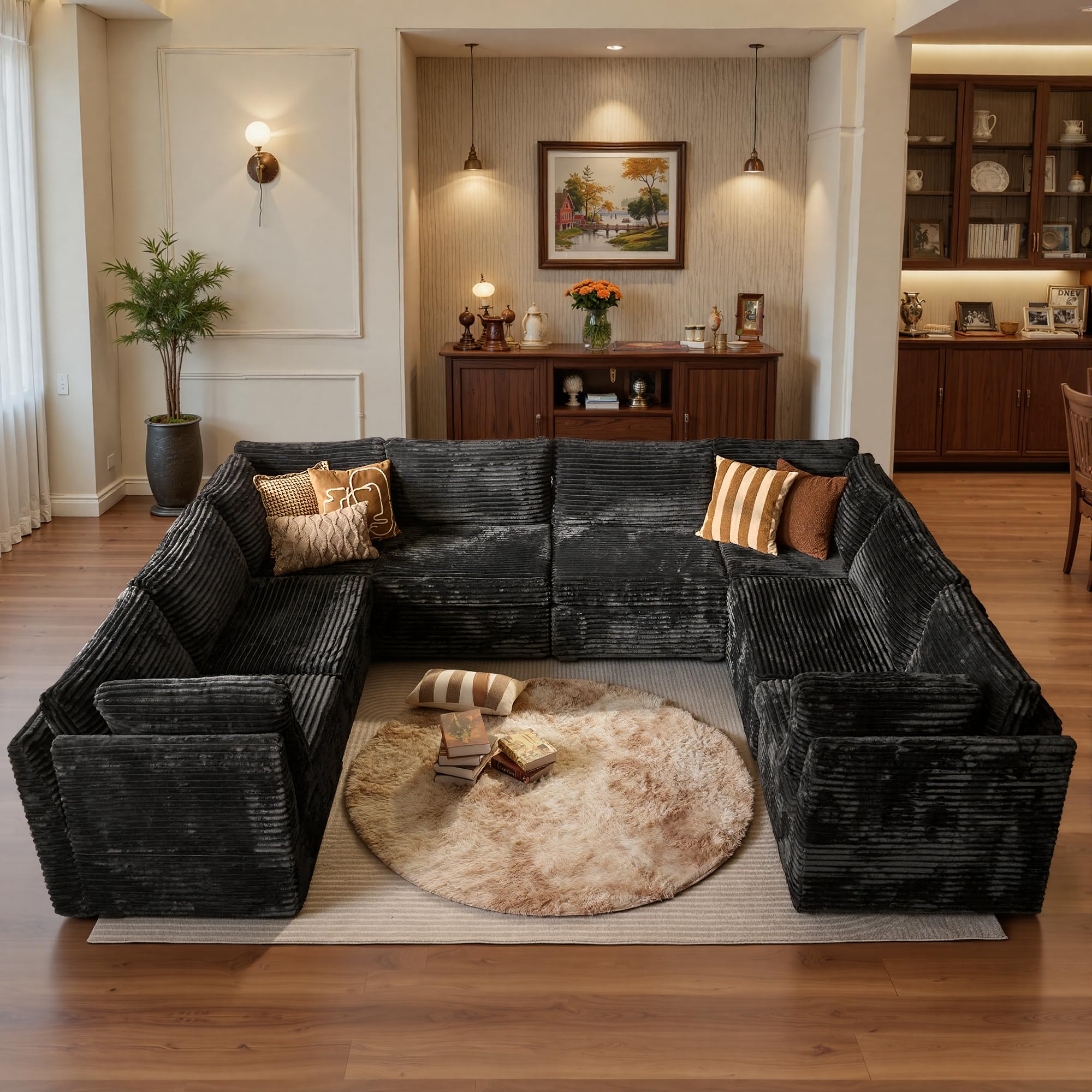 ovios Modular Sectional Sofa Couch with U-Shape Chaise Oversized, Comfy Plush Corduroy Cloud Couches, Modern Luxury Deep Seat Sofas Set for Living Room, 8-Seater, Black