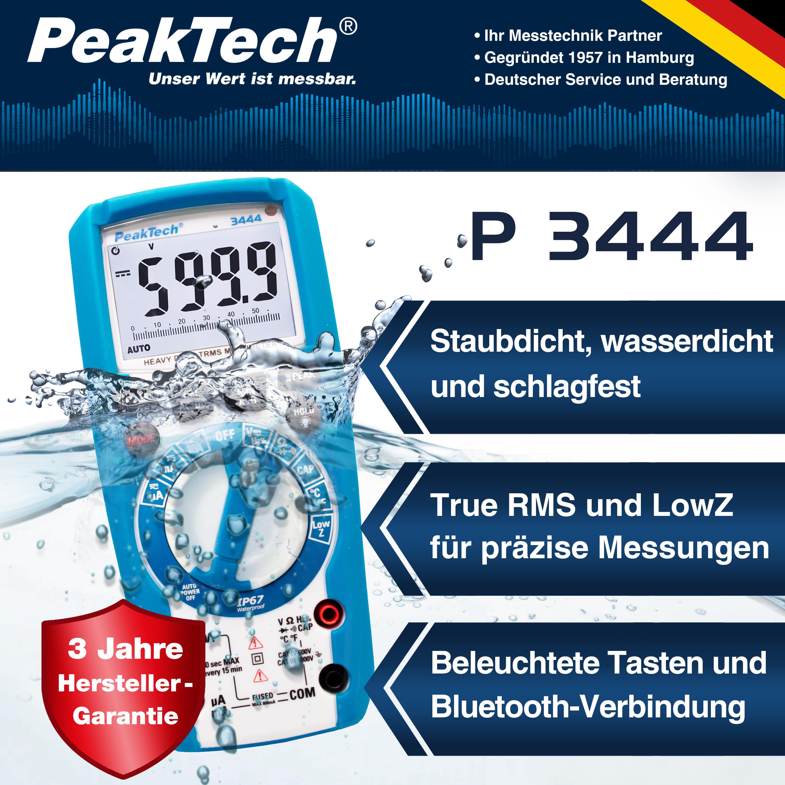 PeakTech P 3444 True RMS Multimeter Digital - (IP67) Wasserdichter Spannungsprüfer & Strommessgerät - 6000 Counts - Extrem Robustes Gehäuse mit LED-Lampe - Durchgangsprüfer, Messgerät - CAT III 1000 V