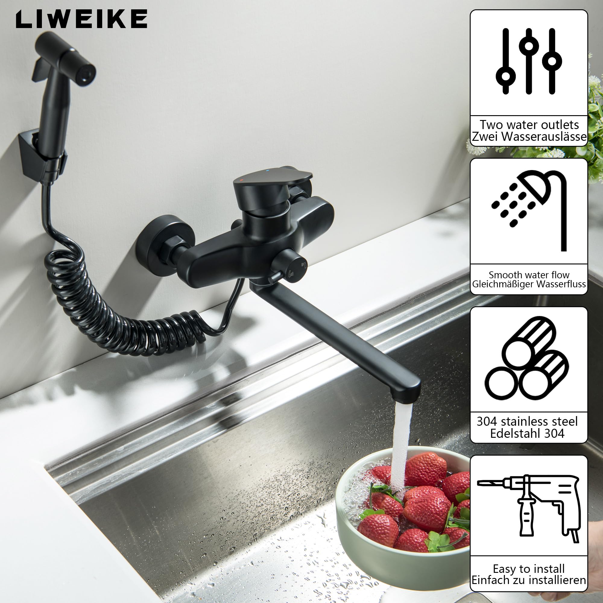 LIWEIKE Matt Schwarz Wasserhahn Küche Wandmontage mit 23cm und 360° Drehbare Auslauf Küchenarmatur Wandmontage mit Spritzpistole Wandarmaturen für Küche Edelstahl
