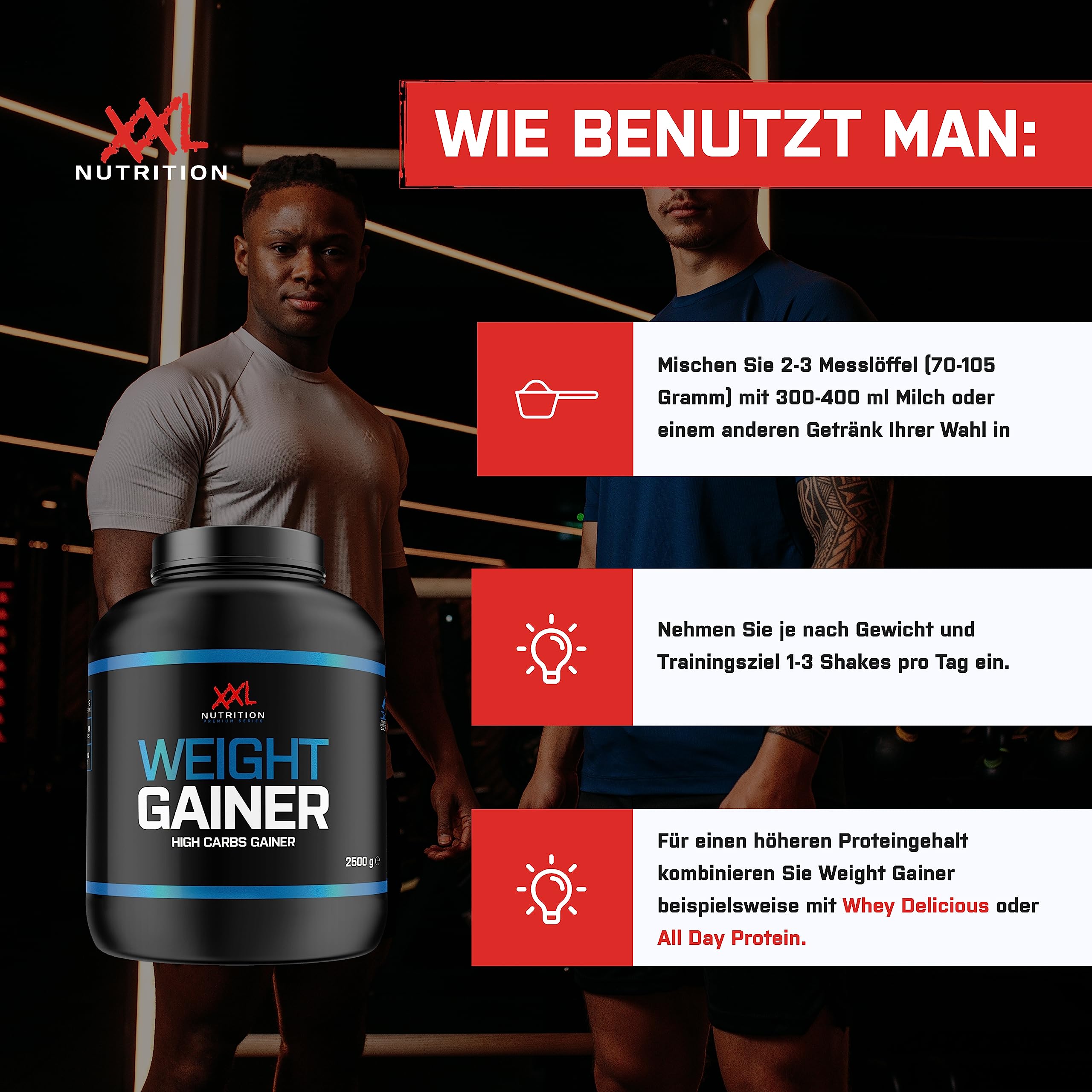 XXL Nutrition - Weight Gainer - Muskelmasse & Muskelaufbau, Protein Pulver Mit EAA & BCAA, Kohlenhydrate, Niedriger Fettgehalt - 2500 Gramm - Banane