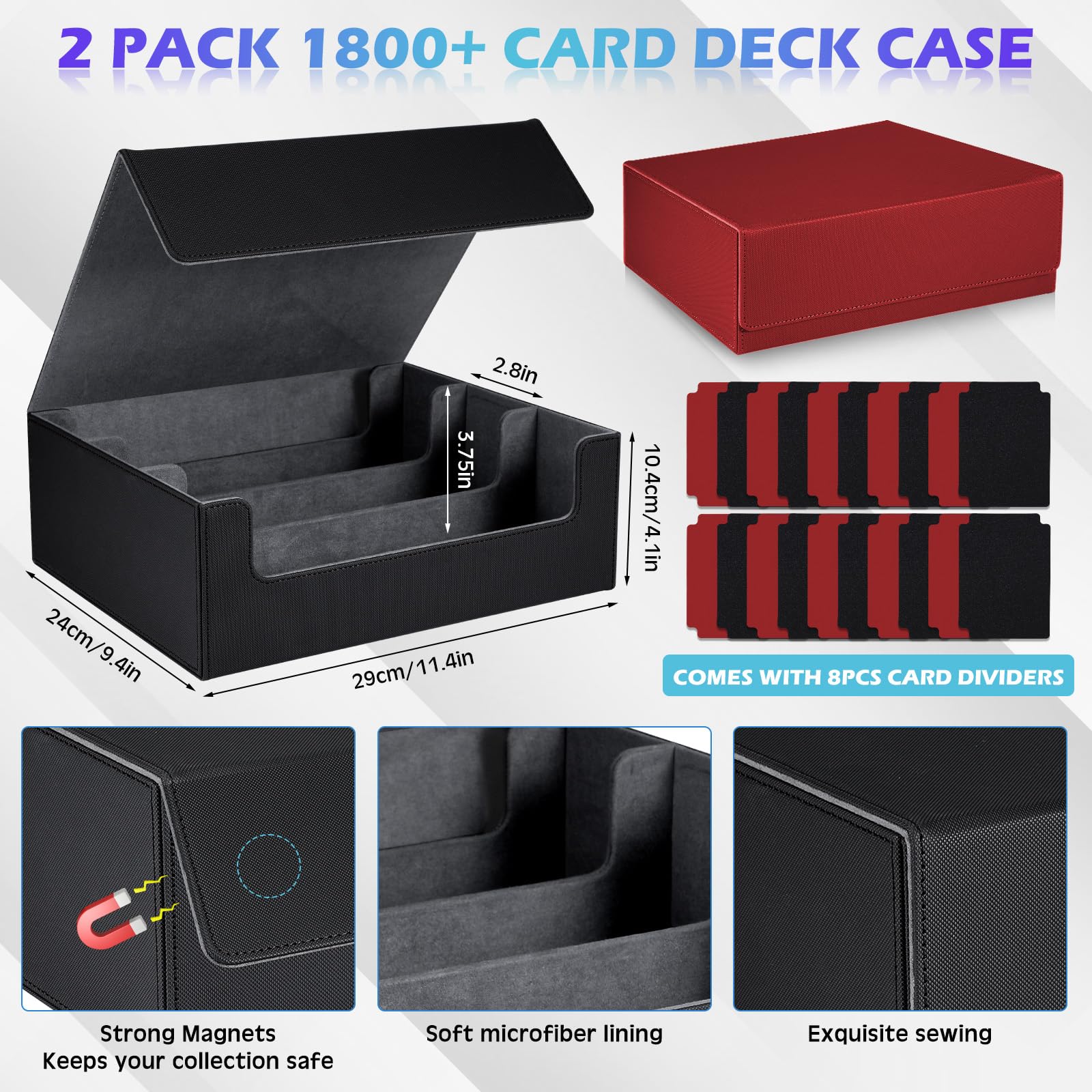 Paterr Paquete de 2 estuches para tarjetas de intercambio, caja de almacenamiento de tarjetas de cierre magnético de cuero con divisores, caja de almacenamiento para tarjetas de reunión, tarjetas de