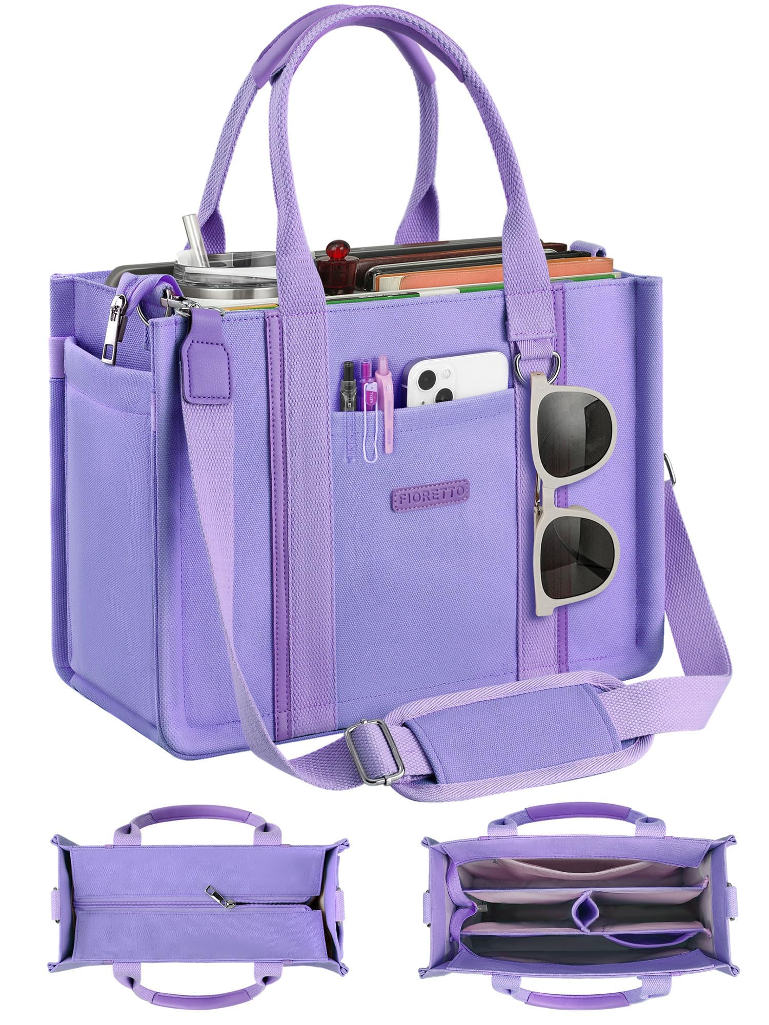 FIORETTO Canvas Tote Bag Purse for Women with Zipper, Multiple Compartments, bottle holder & Reinforced Bottom, Perfect for Nurses & Teachers for Work, Bible Study, Travel & Daily Use Purple L - travel totes | Mubboo