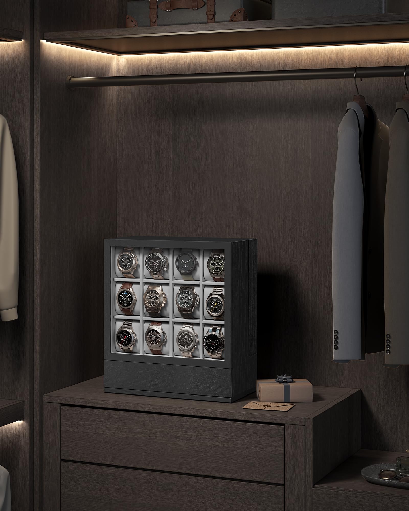 SONGMICS Boîte à montres en bois 12 emplacements fenêtre, vitrine placage bois massif, rangement vertical, économie espace, idée cadeau, noir ébène JOW014B01