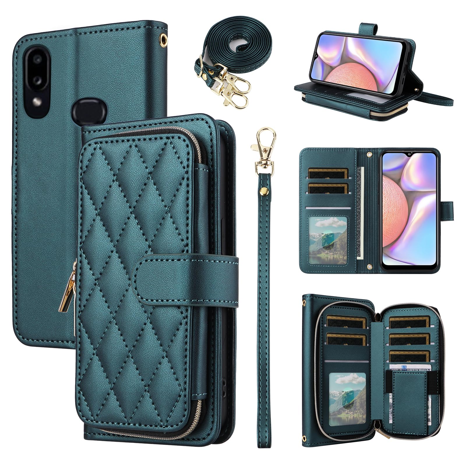 Furiet Argyle Wallet Case for Samsung Galaxy A10s with Wrist Strap Shoulder Strap, 9+ Card Slots Zipper Purse Luxury PU Leather Stand Checkered Cell