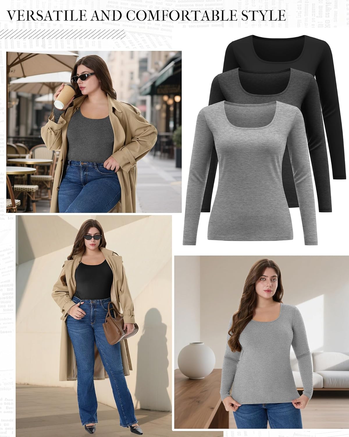 3 Packs Women Plus Size Tops Long Sleeve Shirts Scoop Neck Slim Fit T Shirts U Neck Comfy Casual Basic Ladies Tees - Image 4