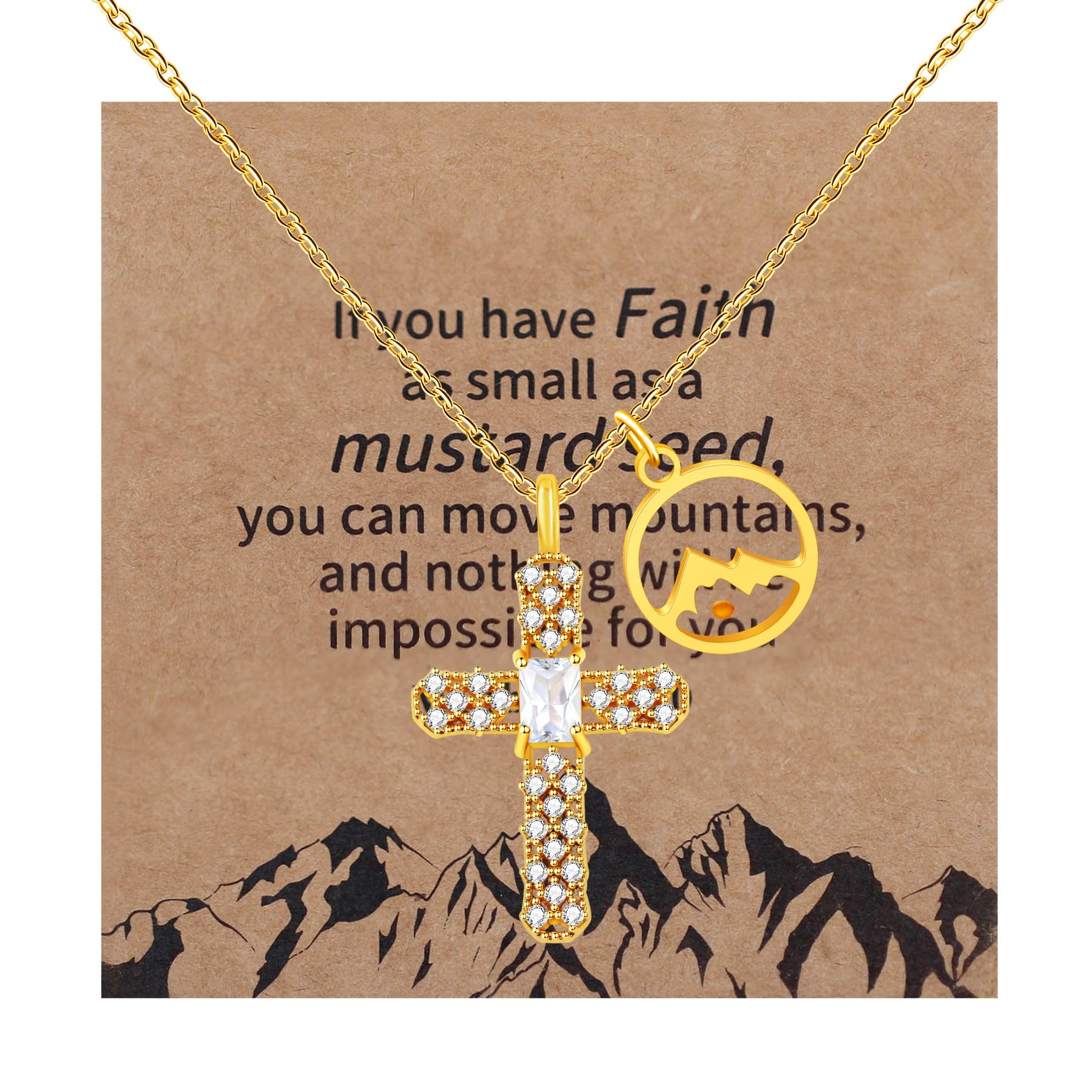 Tobestu Collana placcata oro con croce di zirconia cubica per donne e uomini, ciondolo rotondo di semi di senape di montagna cristiana gioielli YA4785, Adjustable, Ottone, Zirconia cubica