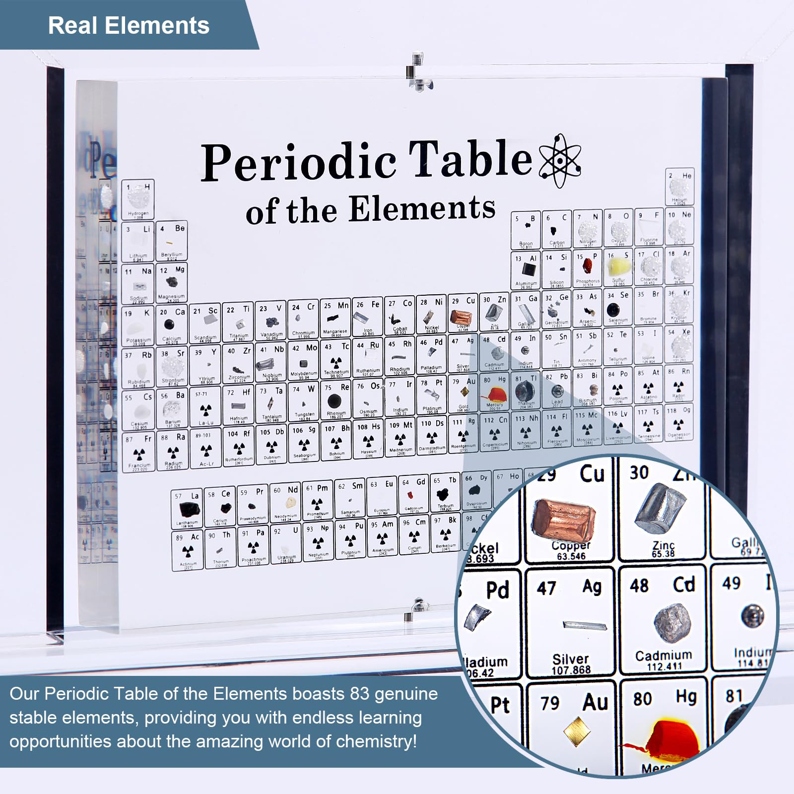 Tavola Periodica Acrilica Con 83 Elementi Reali | Espositore Per Chimica 15x11,4x2 Cm | Regalo Scientifico Per Studenti E Insegnanti
