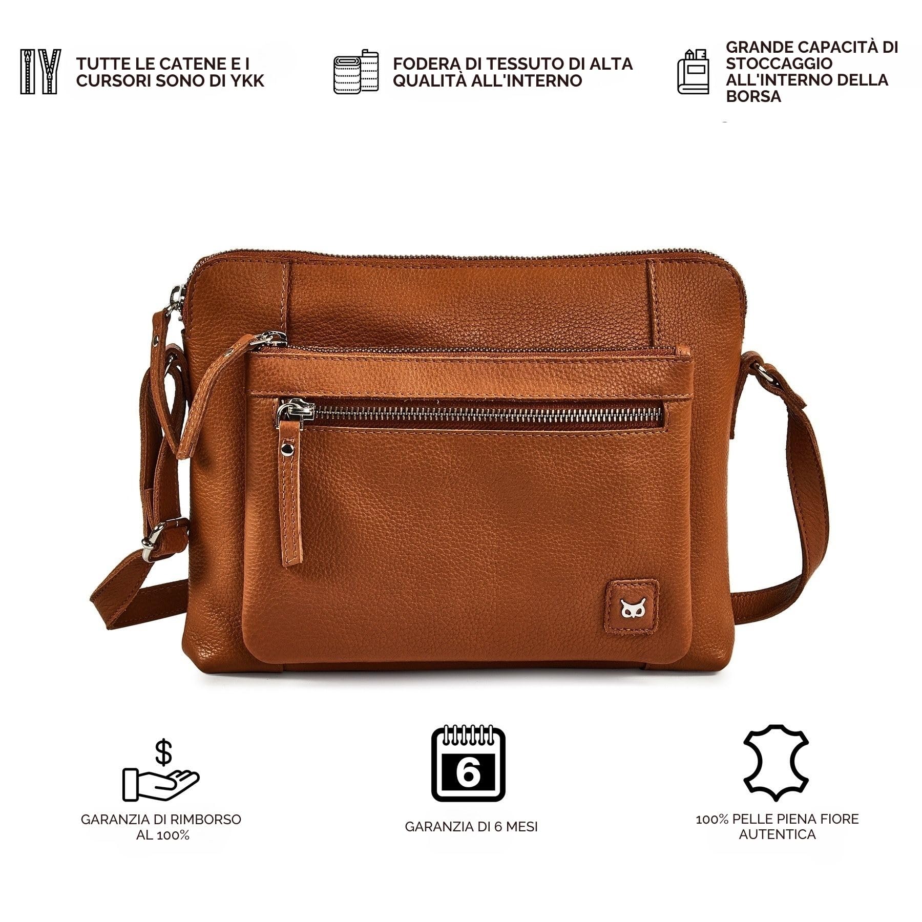 Wise Owl Accessories Borsa tracolla in vera pelle martellata, modello compatto unisex con tasche cerniera, ideale per viaggi, uso quotidiano e organizzazione
