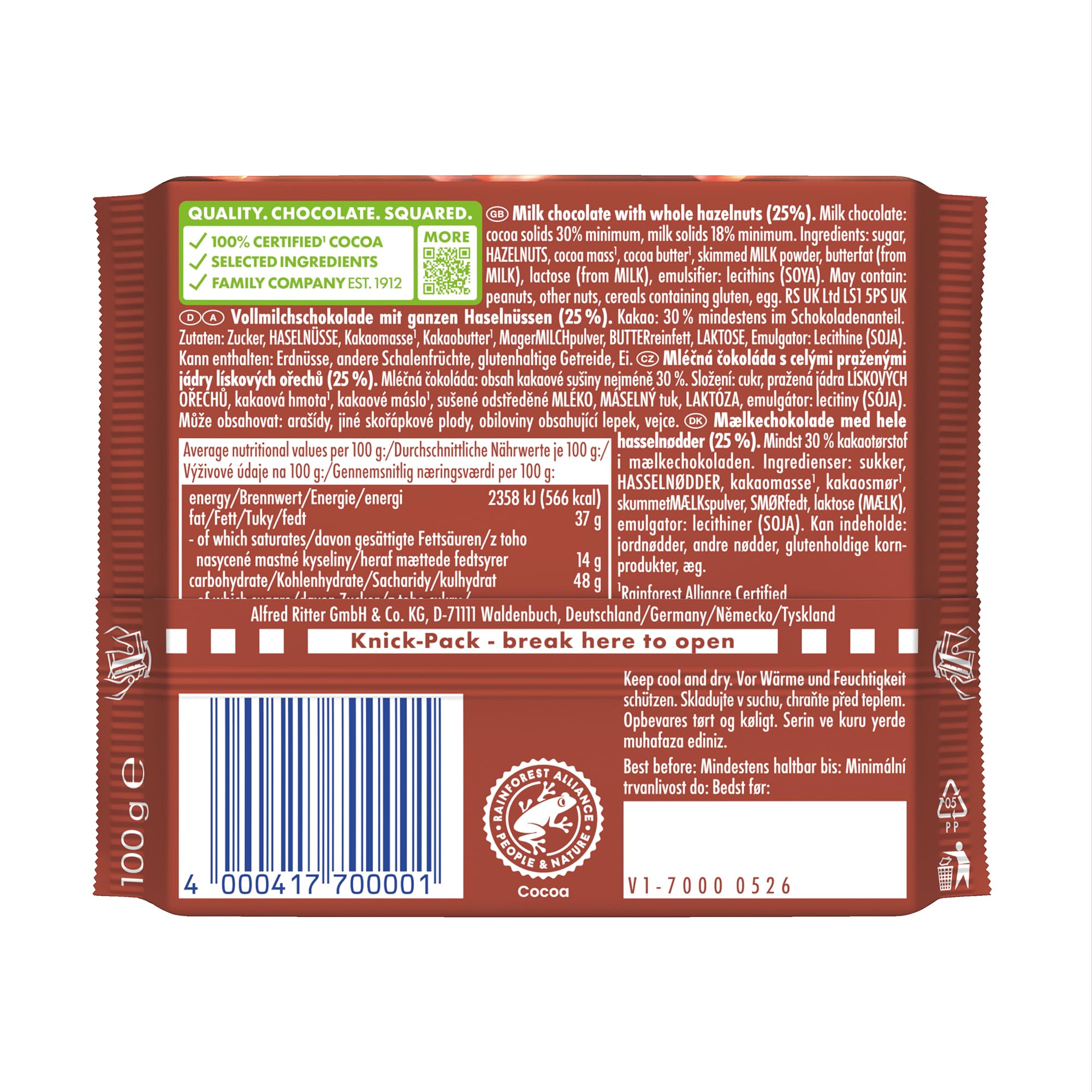 Ritter Sport de Leche Entera 100 g de Avellanas x 10