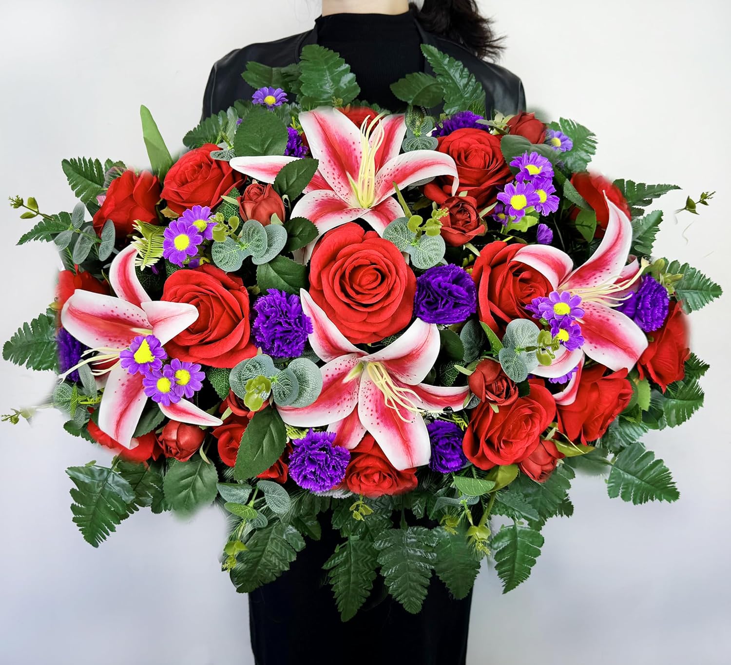 Artificial Grave Flower for Cemetery,Headstone Flower Saddle,Red Rose and Pink Lily for Xmas Decorative,Easy Fit - Image 5